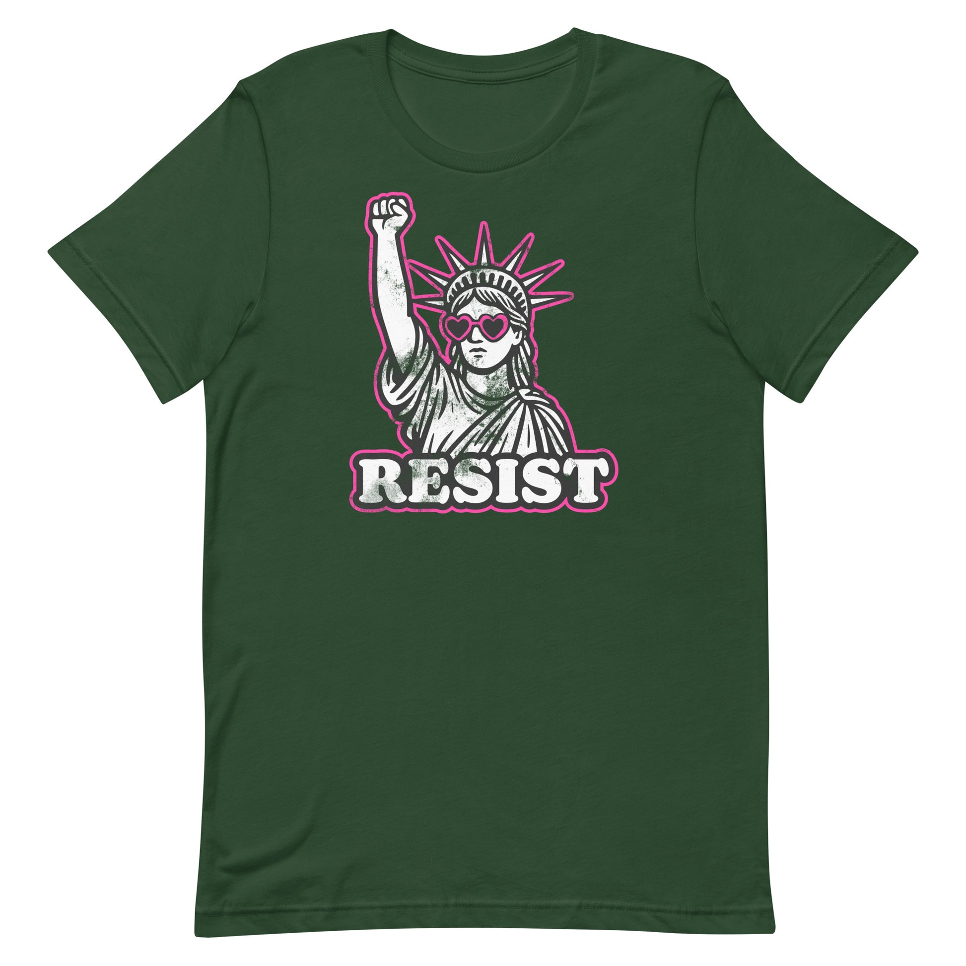 Front View Image: Front view of RESIST feminist t-shirt with raised fist Statue of Liberty and pink heart sunglasses