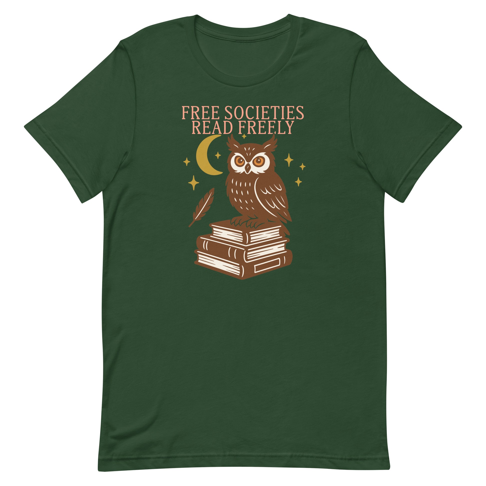 Forest green activist graphic t-shirt with owl and book stack artwork, “Free Societies Read Freely” slogan, progressive clothing by Blue Wave USA.