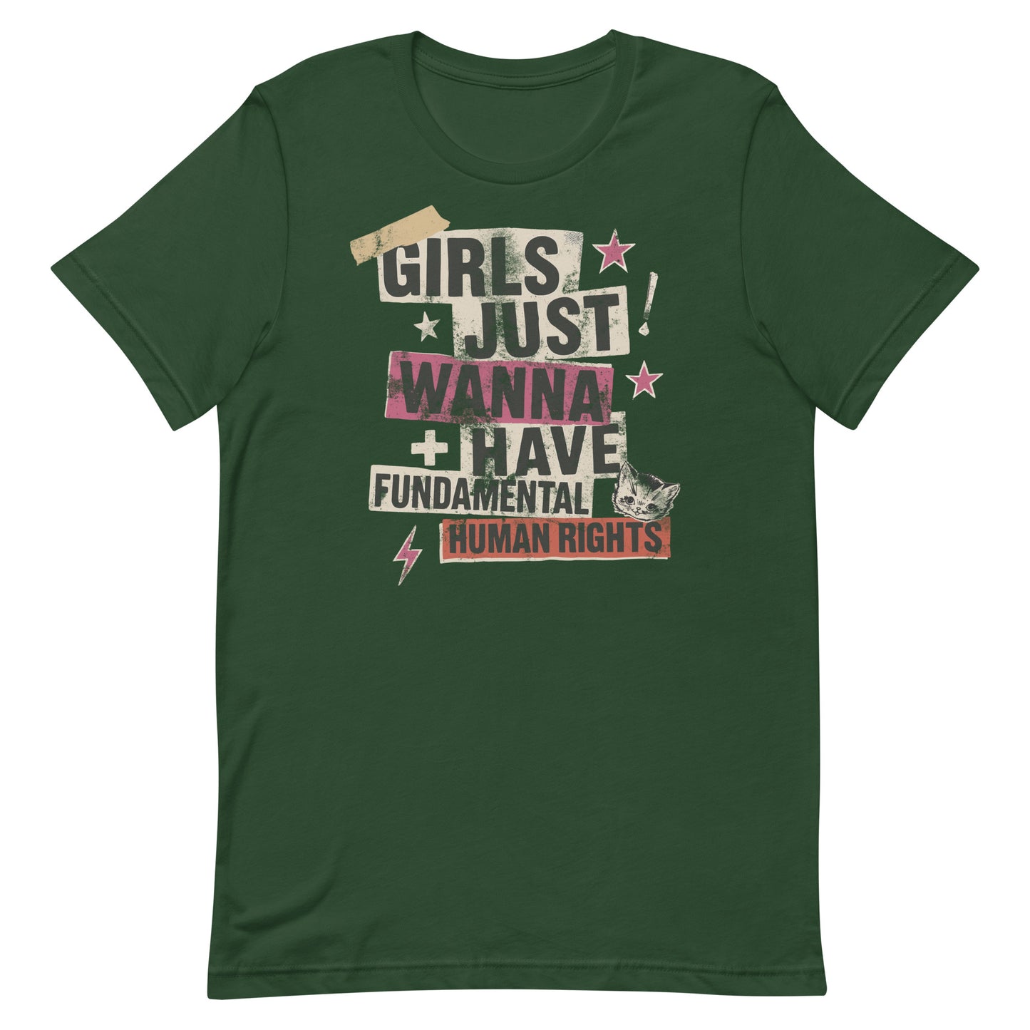 Forest green t-shirt showcasing edgy punk collage design with pink and beige typography. A statement of equality and rebellion for modern feminists.