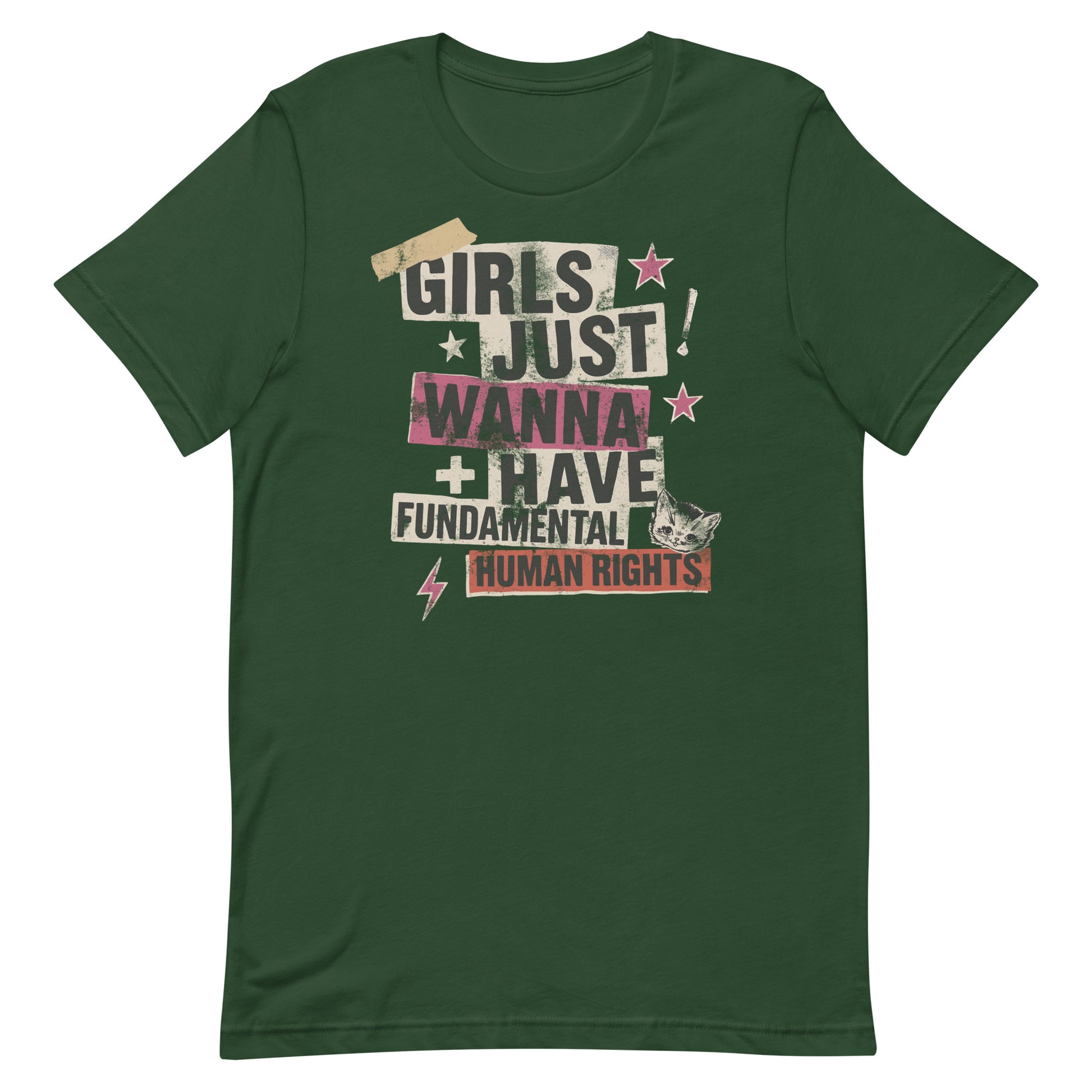 Forest green t-shirt showcasing edgy punk collage design with pink and beige typography. A statement of equality and rebellion for modern feminists.