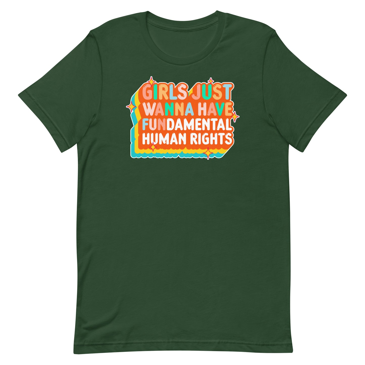 Forest green shirt with vintage-inspired feminist text and layered orange gradient. Comfortable, bold statement tee for equality.