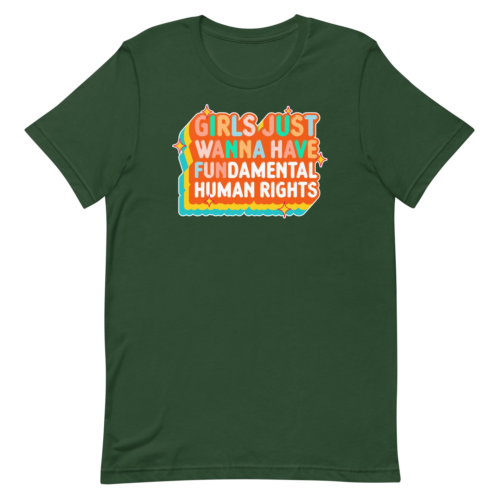 Forest green shirt with vintage-inspired feminist text and layered orange gradient. Comfortable, bold statement tee for equality.