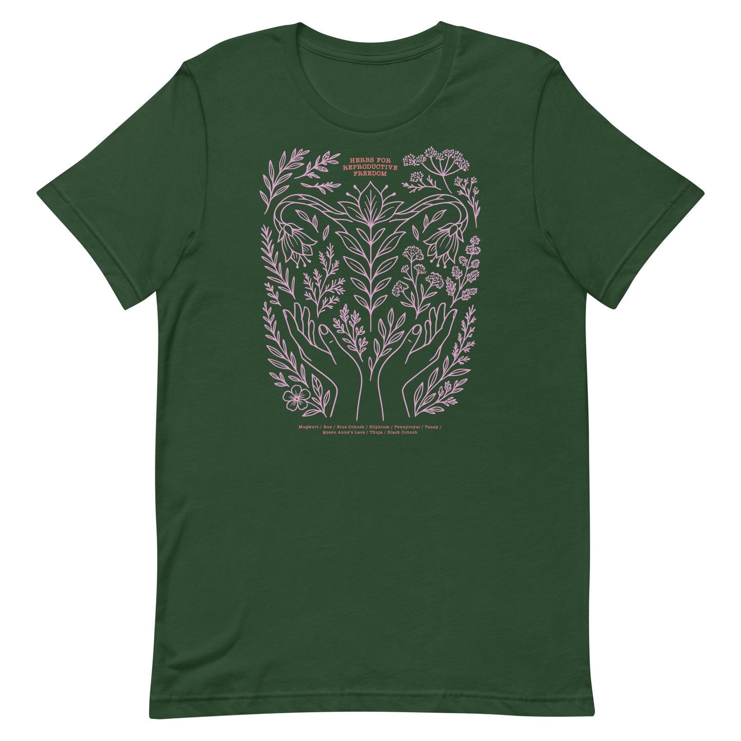 Forest green unisex t-shirt with light lavender line art of healing herbs and crescent moon symbolizing reproductive strength and freedom.