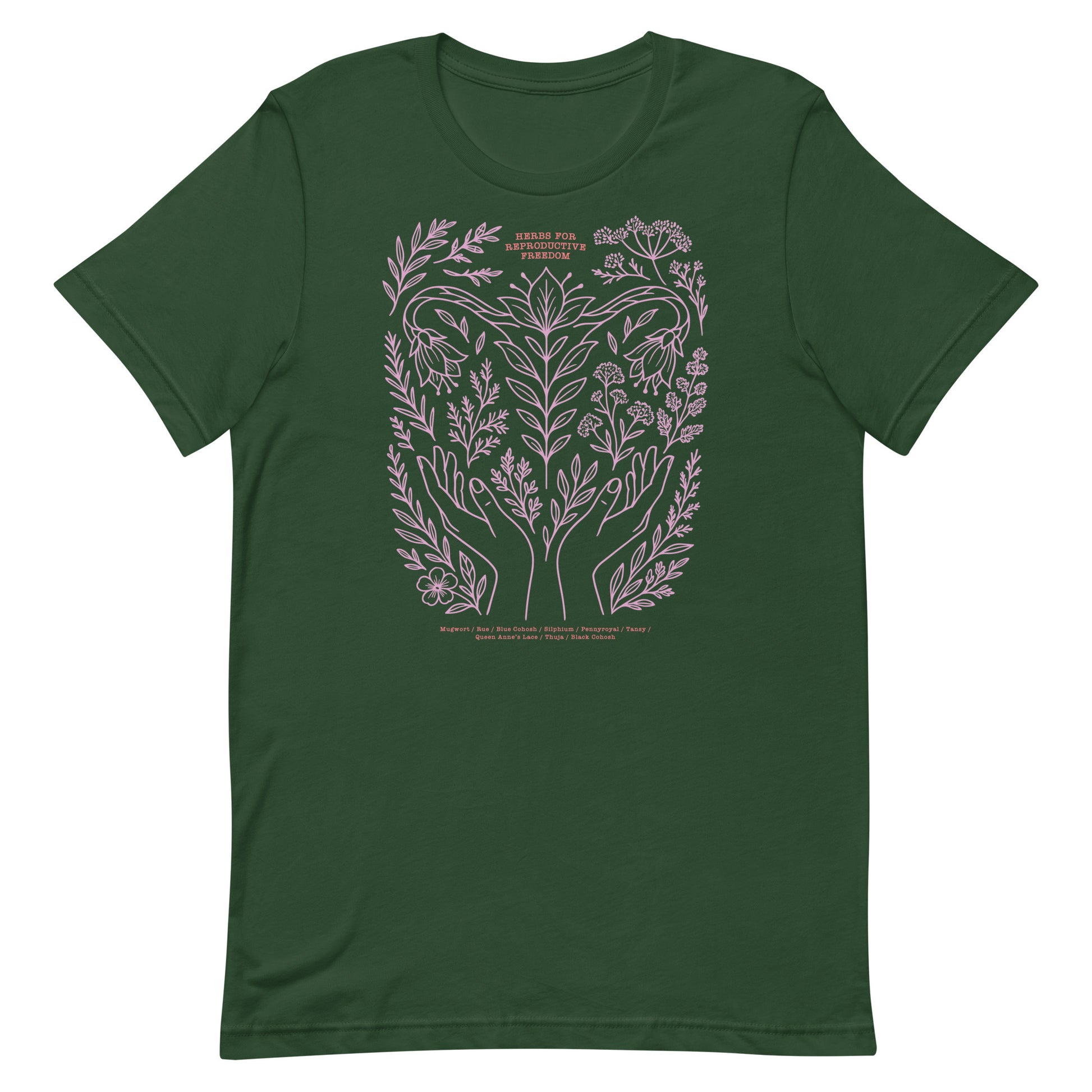 Forest green unisex t-shirt with light lavender line art of healing herbs and crescent moon symbolizing reproductive strength and freedom.