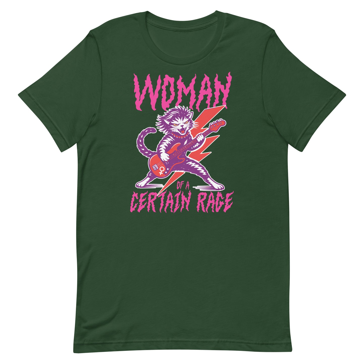 Forest green unisex t-shirt displayed flat, featuring the punk rock cat illustration with electric guitar and bold distressed lettering reading “WOMAN OF A CERTAIN RAGE,” from Blue Wave USA.