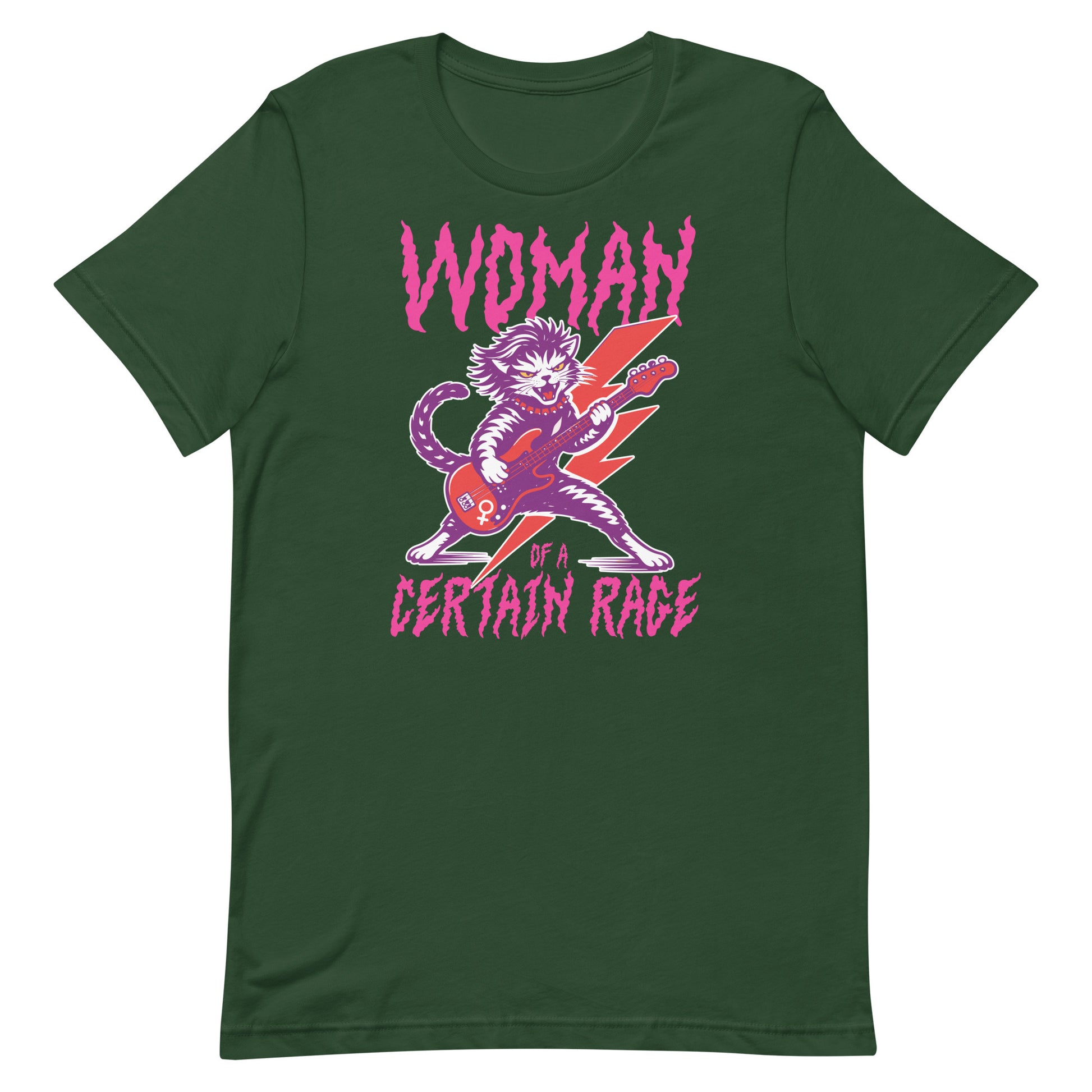 Forest green unisex t-shirt displayed flat, featuring the punk rock cat illustration with electric guitar and bold distressed lettering reading “WOMAN OF A CERTAIN RAGE,” from Blue Wave USA.