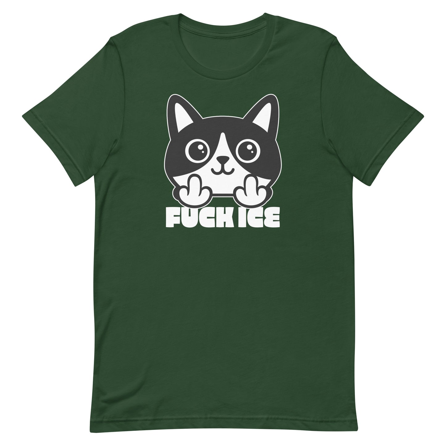 Dark green t-shirt laid flat with bold graphic cartoon cat flipping the middle finger, high-contrast white illustration, centered layout, message “FUCK ICE,” progressive apparel from Blue Wave USA.