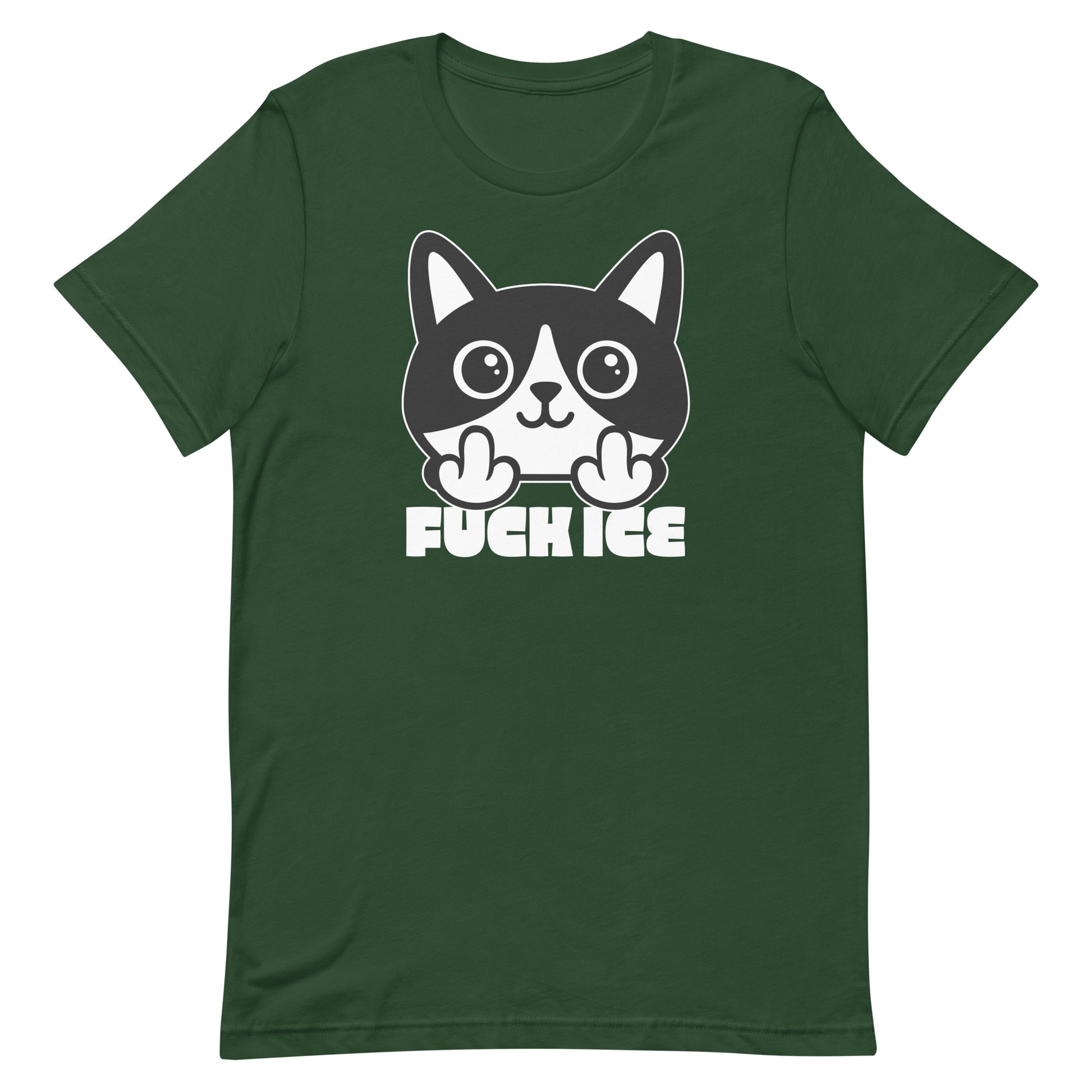 Dark green t-shirt laid flat with bold graphic cartoon cat flipping the middle finger, high-contrast white illustration, centered layout, message “FUCK ICE,” progressive apparel from Blue Wave USA.
