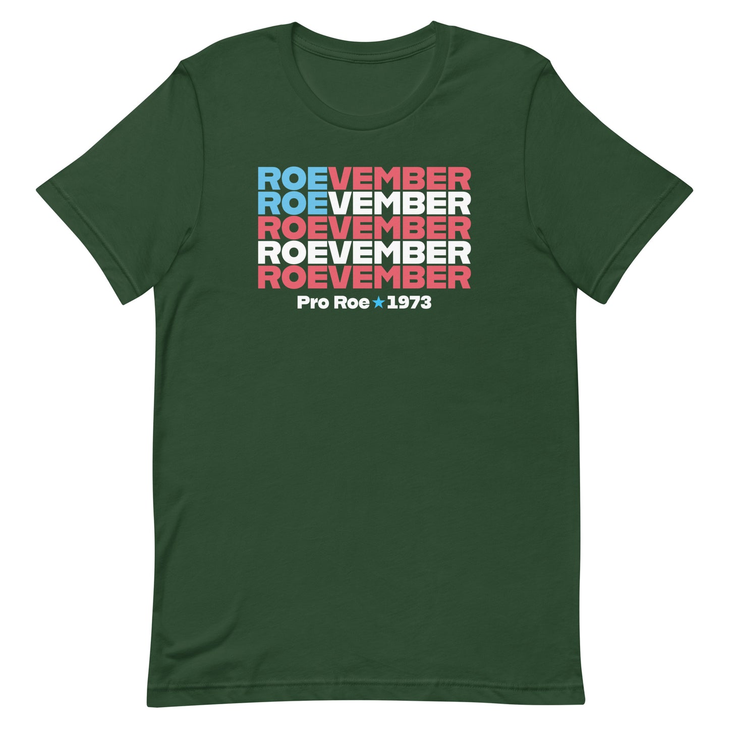 Forest green unisex t-shirt featuring stacked typography reading “Roevember Pro Roe 1973,” reproductive freedom graphic tee from Blue Wave USA.