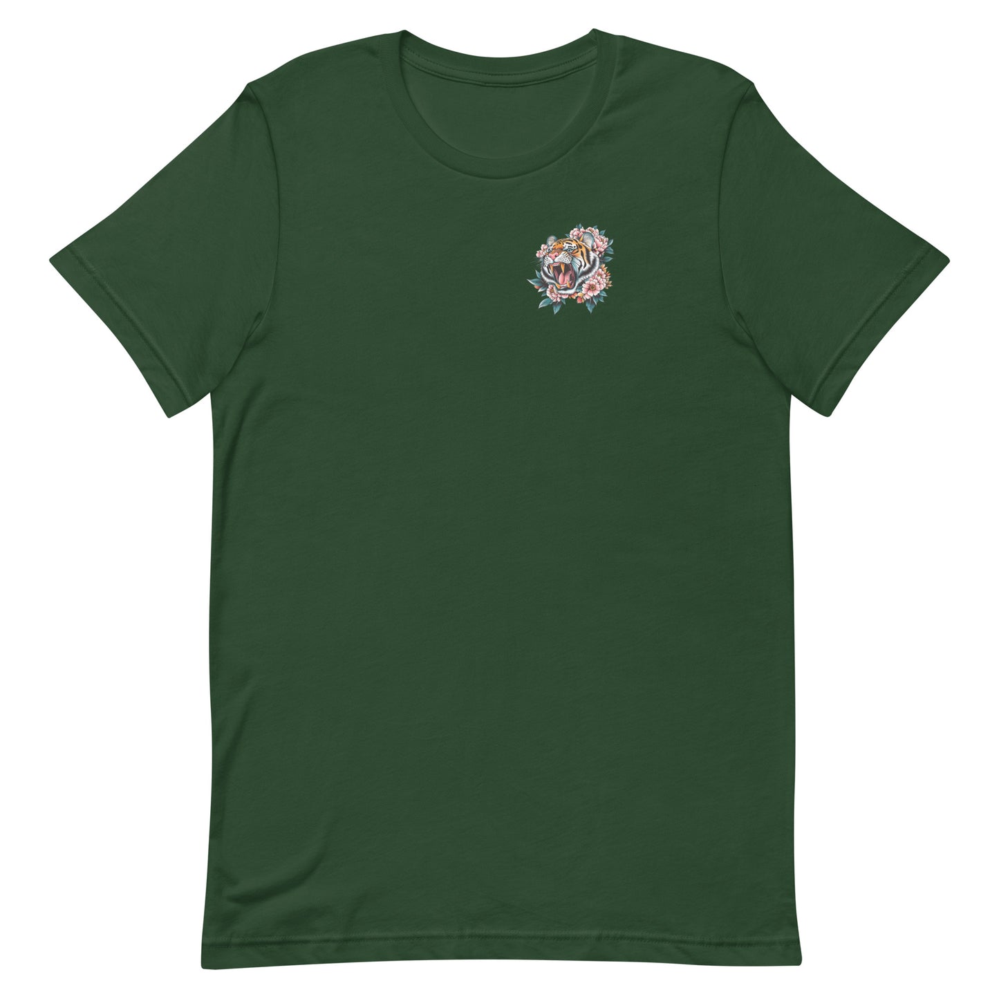 Forest green unisex t-shirt featuring small tiger emblem on front chest, companion artwork to “Women Don’t Owe You Sh*t” equality-focused design.
