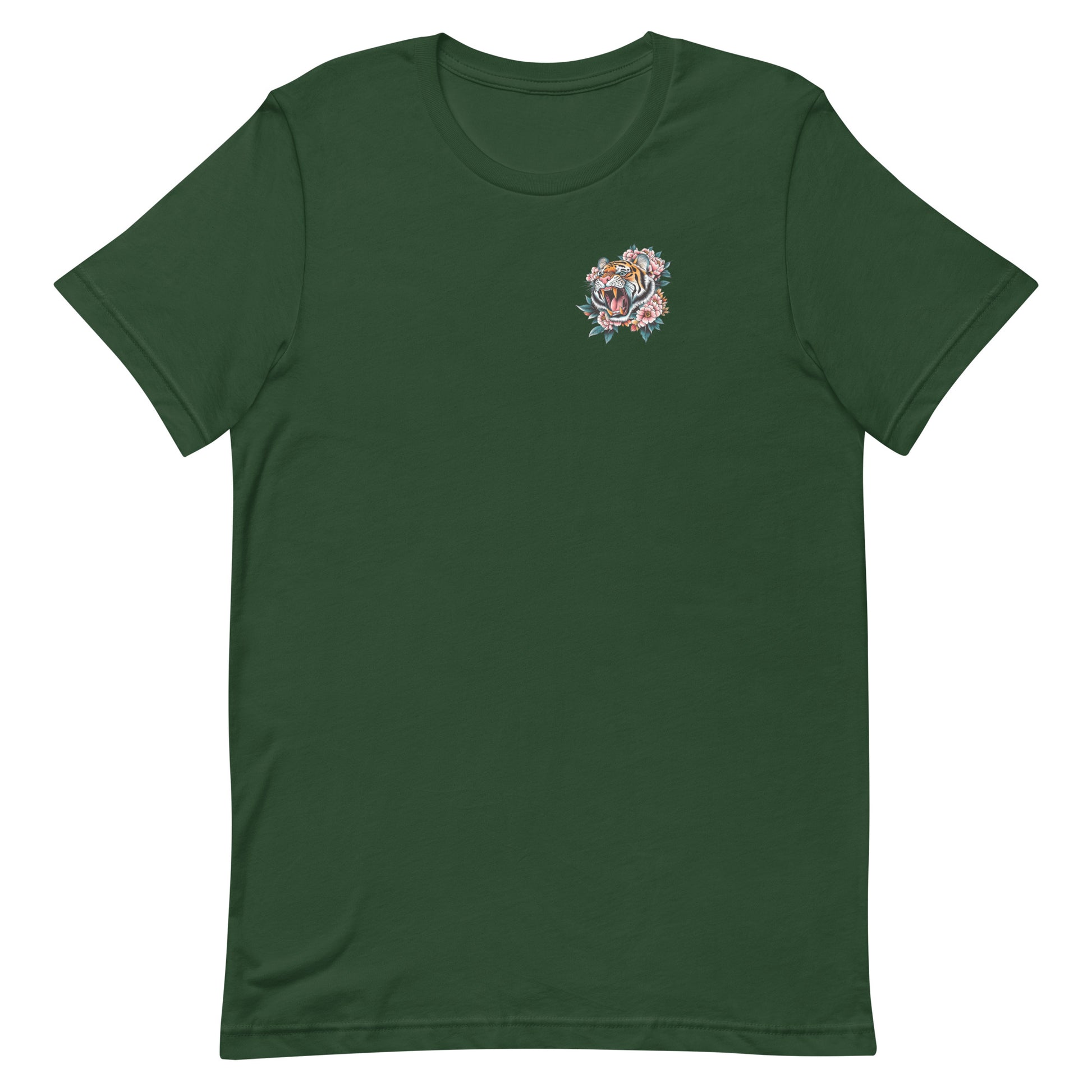 Forest green unisex t-shirt featuring small tiger emblem on front chest, companion artwork to “Women Don’t Owe You Sh*t” equality-focused design.