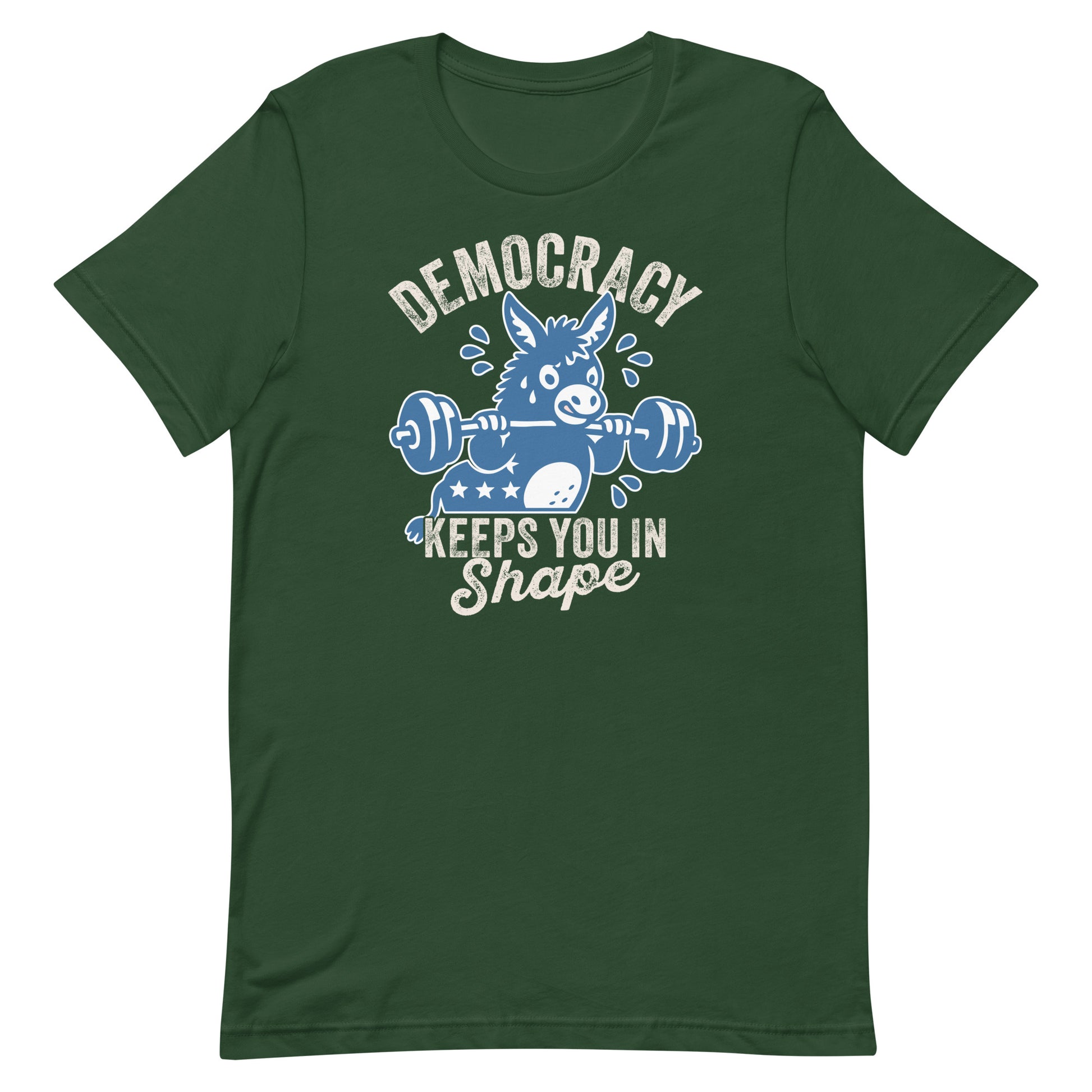 Green unisex T-shirt with donkey weightlifter graphic and “Democracy Keeps You in Shape” message, bold activist design with sporty retro character.