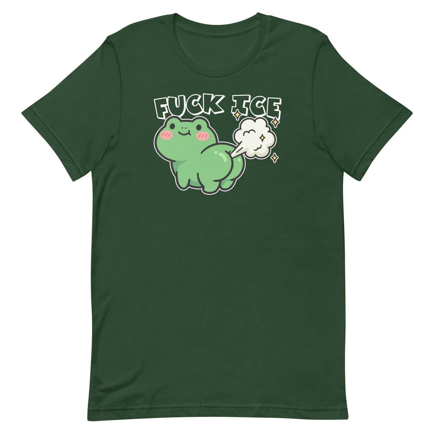 Forest green unisex tee displaying cartoon frog with gas cloud and “Fuck ICE” text in humorous immigration justice design.