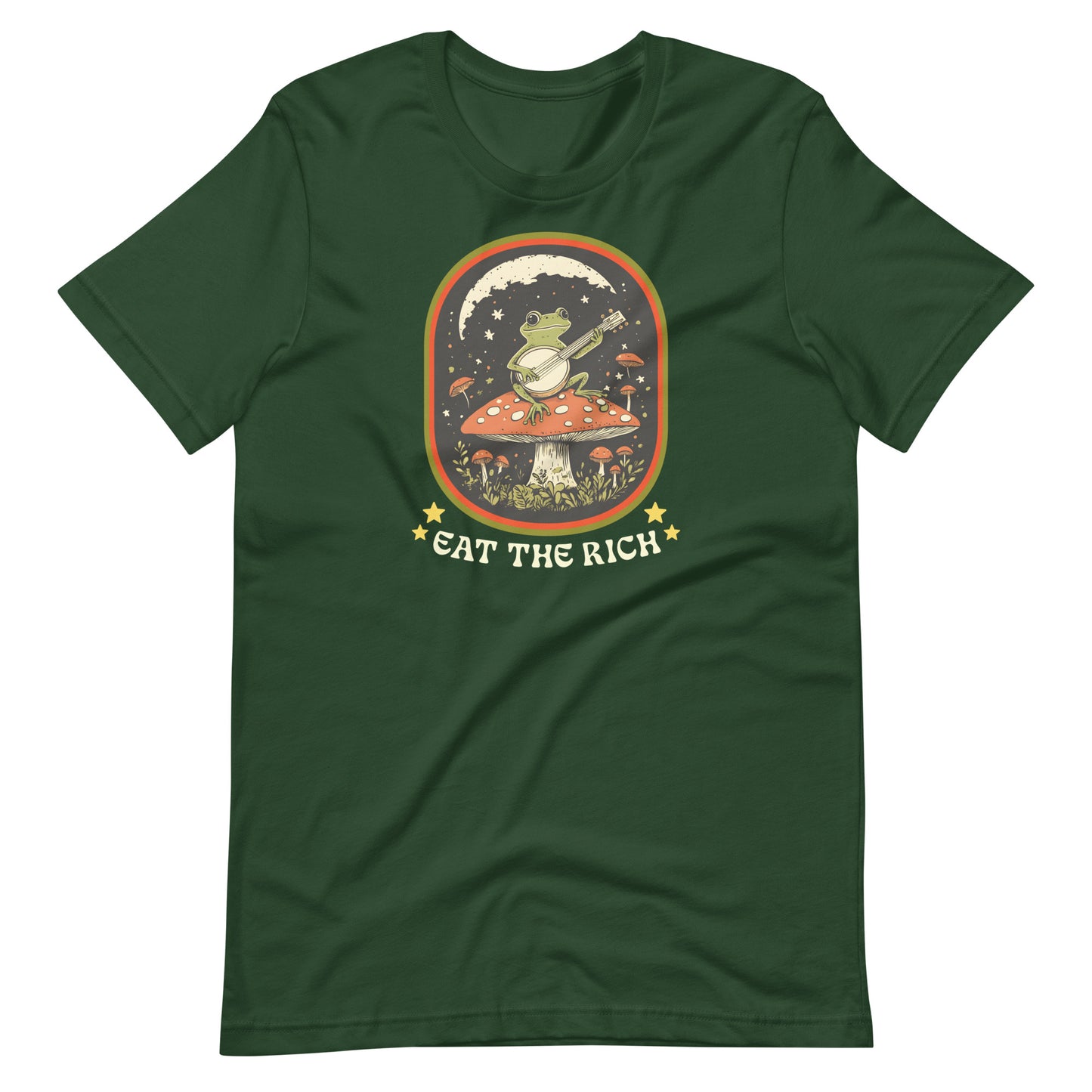 Forest green t-shirt showcasing a vintage-inspired frog and banjo illustration paired with the bold “Eat The Rich” protest slogan.