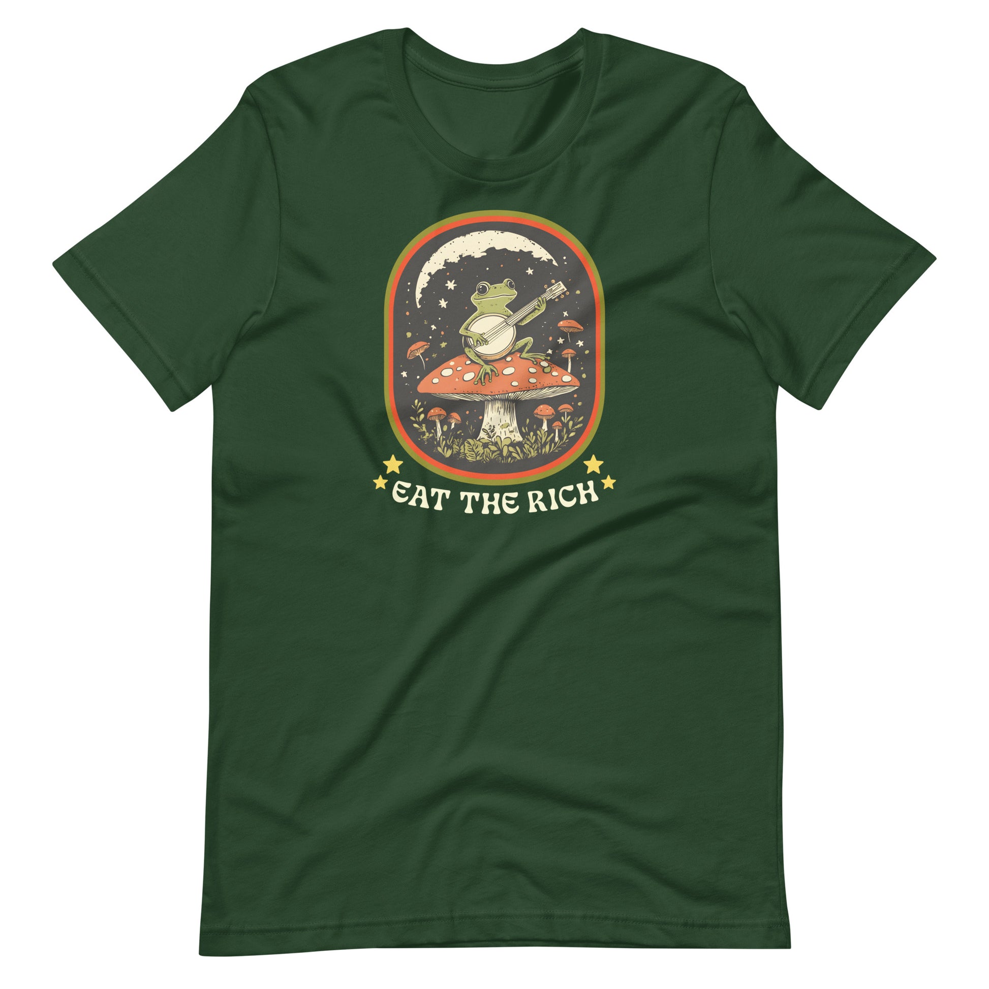 Forest green t-shirt showcasing a vintage-inspired frog and banjo illustration paired with the bold “Eat The Rich” protest slogan.