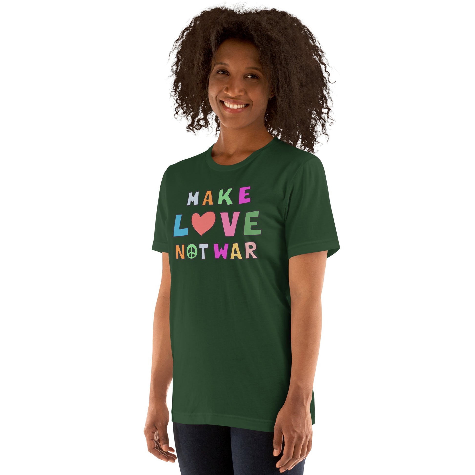 Lifestyle Image: Woman wearing the peace and love shirt in a casual or protest setting