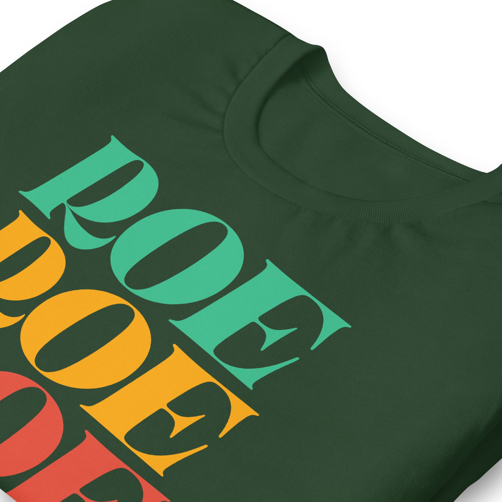 Green unisex t-shirt close-up featuring large stacked rainbow typography reading “Roe Roe Roe Your Vote.”