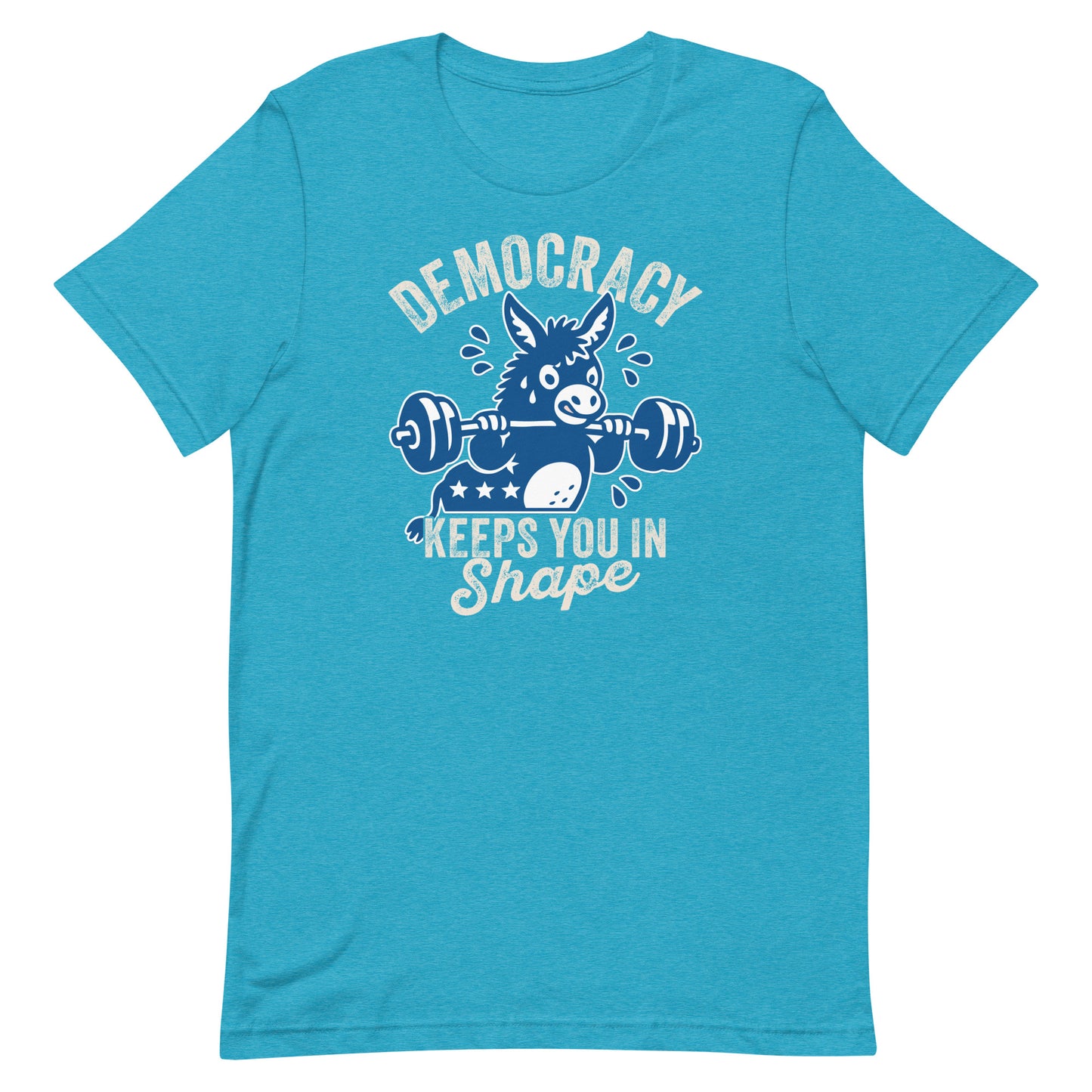 Heather aqua unisex T-shirt with blue donkey weightlifting graphic and democracy-themed slogan, retro athletic artwork for everyday activist style.
