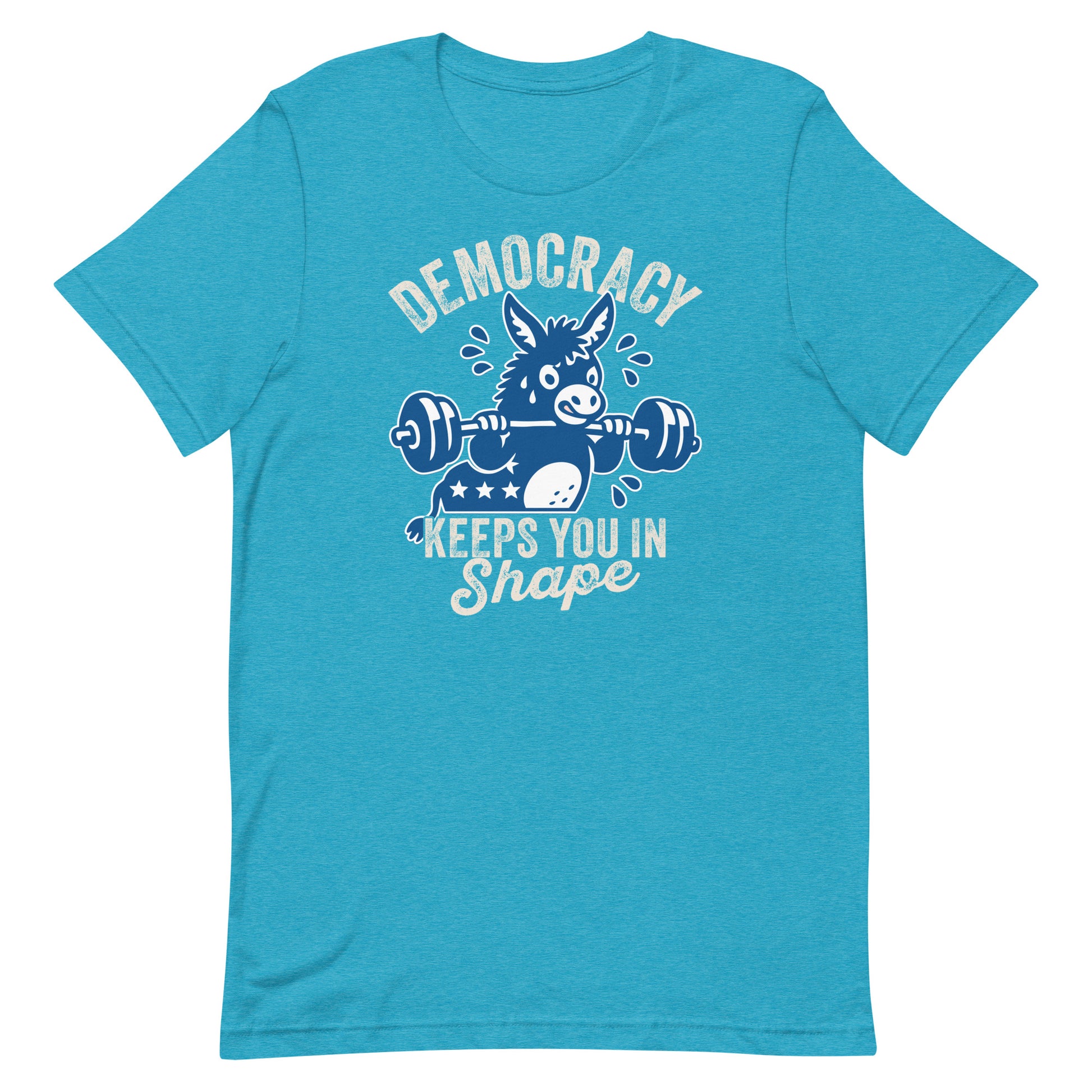 Heather aqua unisex T-shirt with blue donkey weightlifting graphic and democracy-themed slogan, retro athletic artwork for everyday activist style.