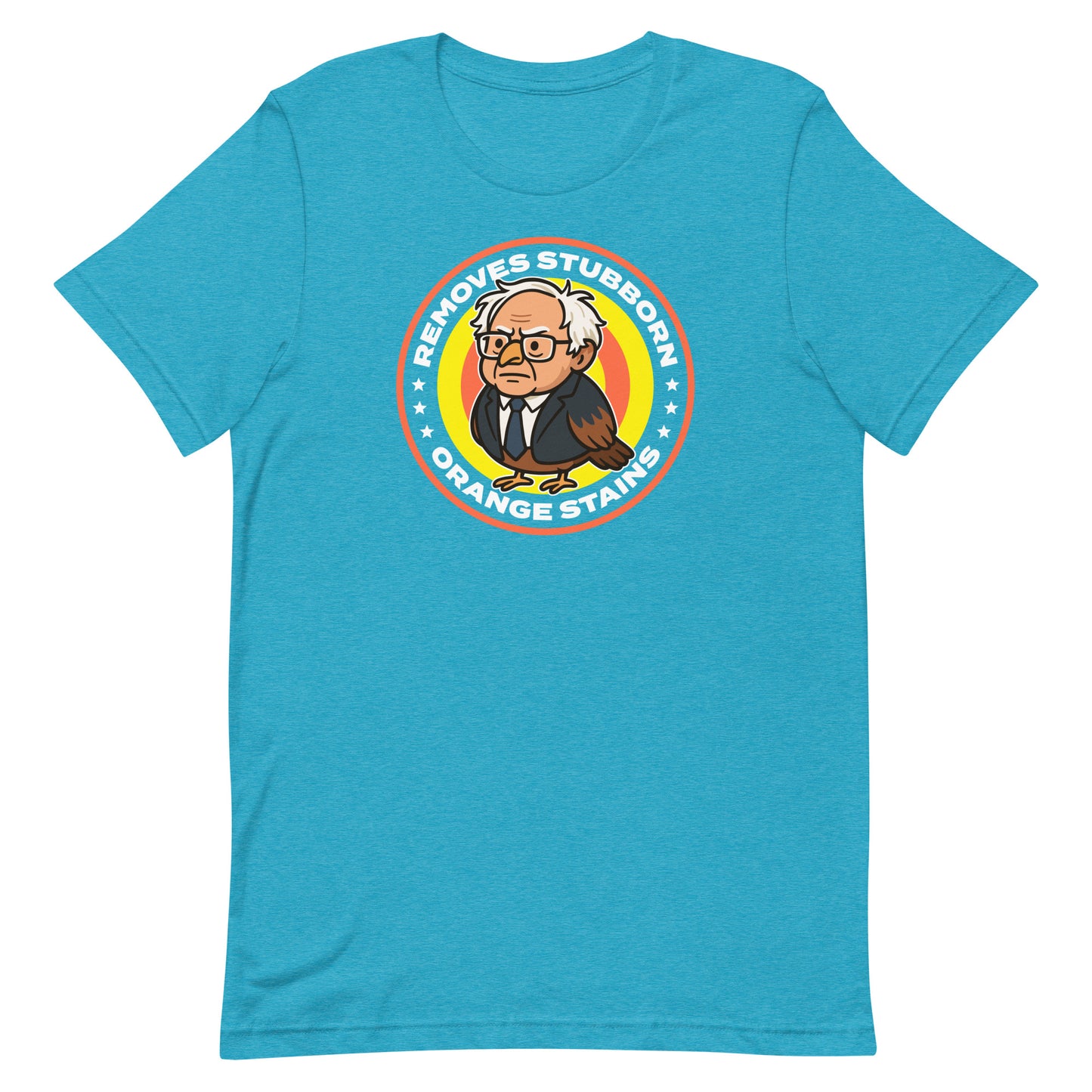Light heather blue unisex tee featuring Birdie Sanders spoof cleaning badge and orange stains phrase, giftable political humor apparel.