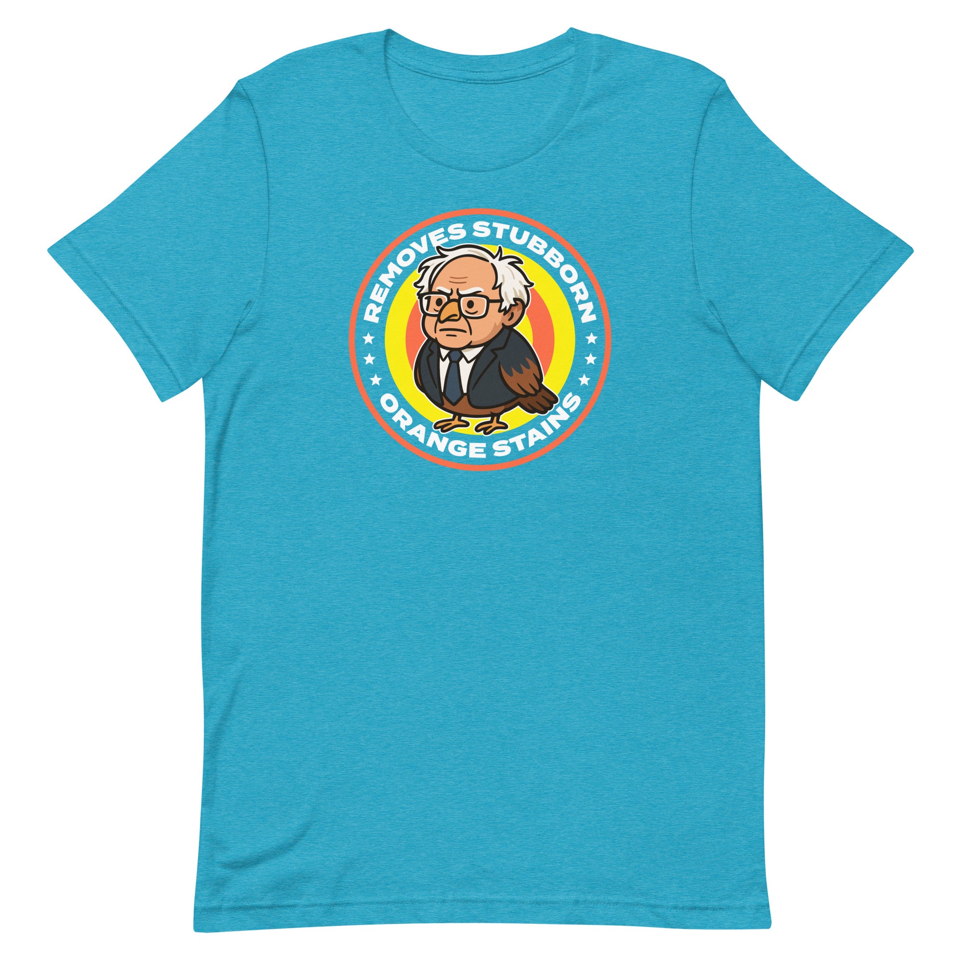Light heather blue unisex tee featuring Birdie Sanders spoof cleaning badge and orange stains phrase, giftable political humor apparel.