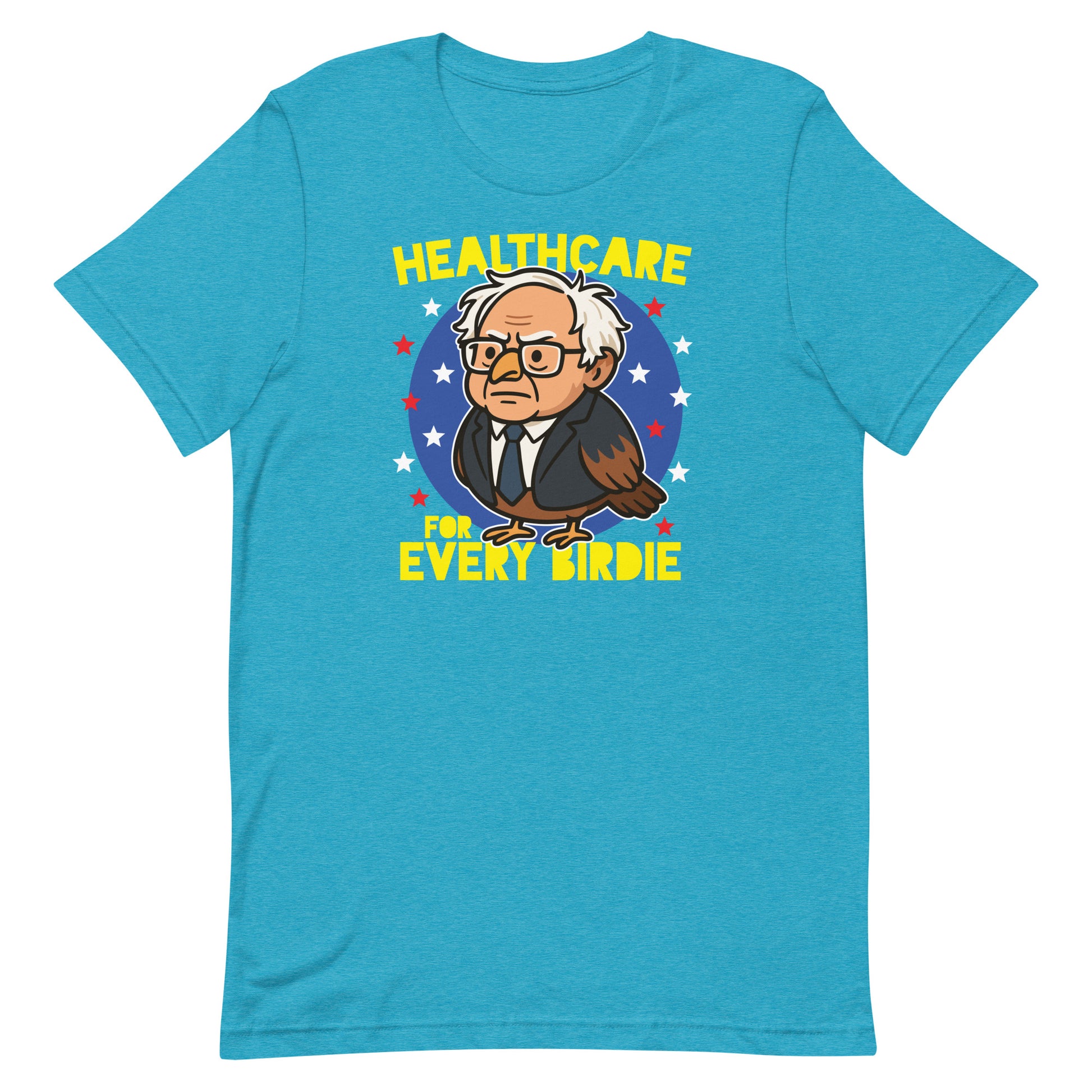 Heather aqua blue unisex tee featuring Birdie Sanders healthcare parody graphic and bird pun phrase, giftable political humor apparel.