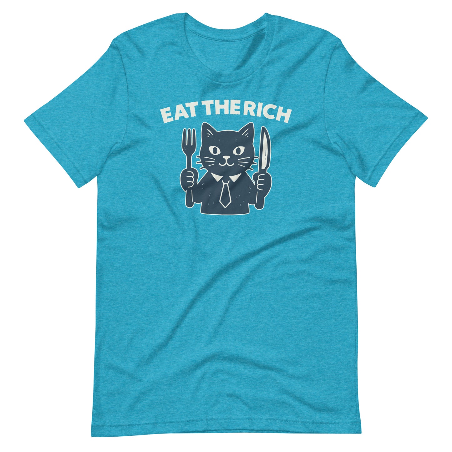 Heather aqua blue unisex t-shirt featuring a humorous anti-corporate cat graphic holding a fork and knife beneath bold “Eat the Rich” typography.