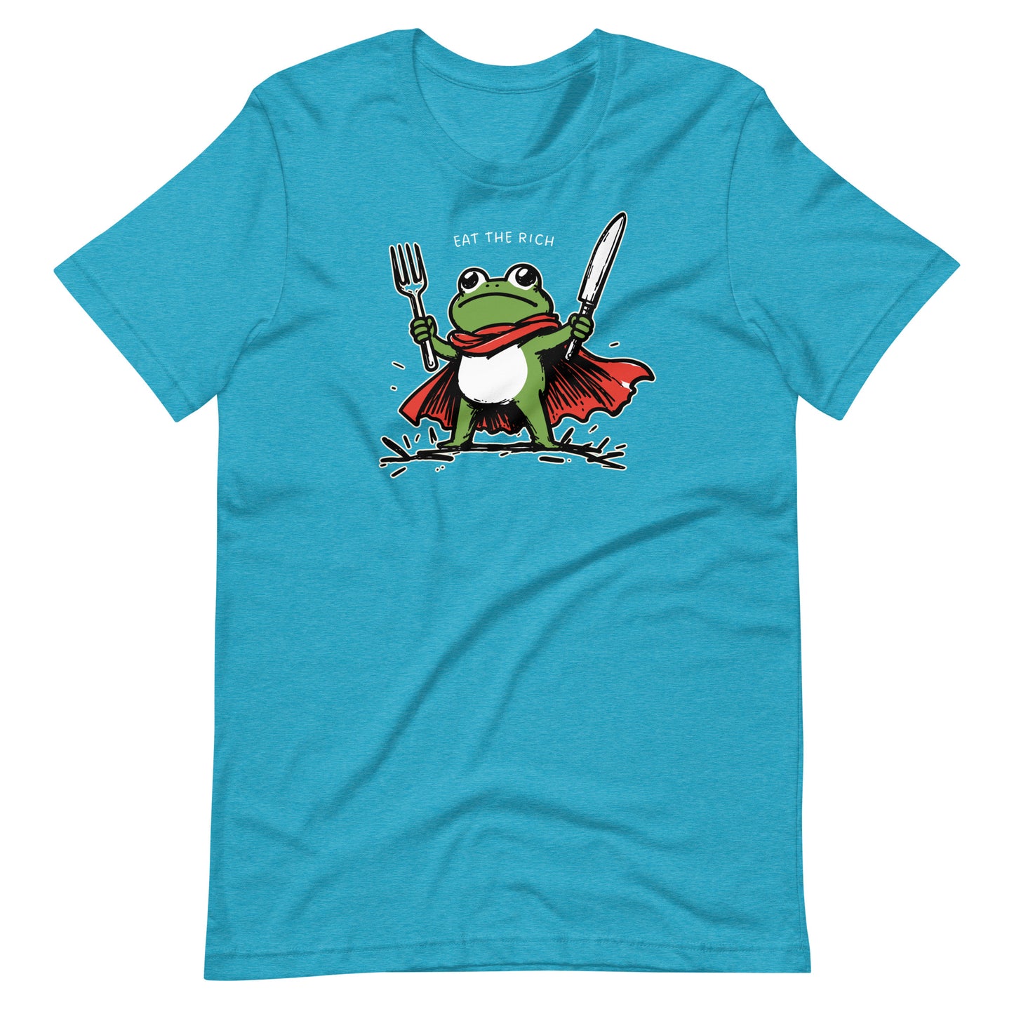 Heather aqua unisex t-shirt showcasing a cartoon hero frog holding cutlery with a cape and bold “Eat the Rich” typography in a playful protest style.
