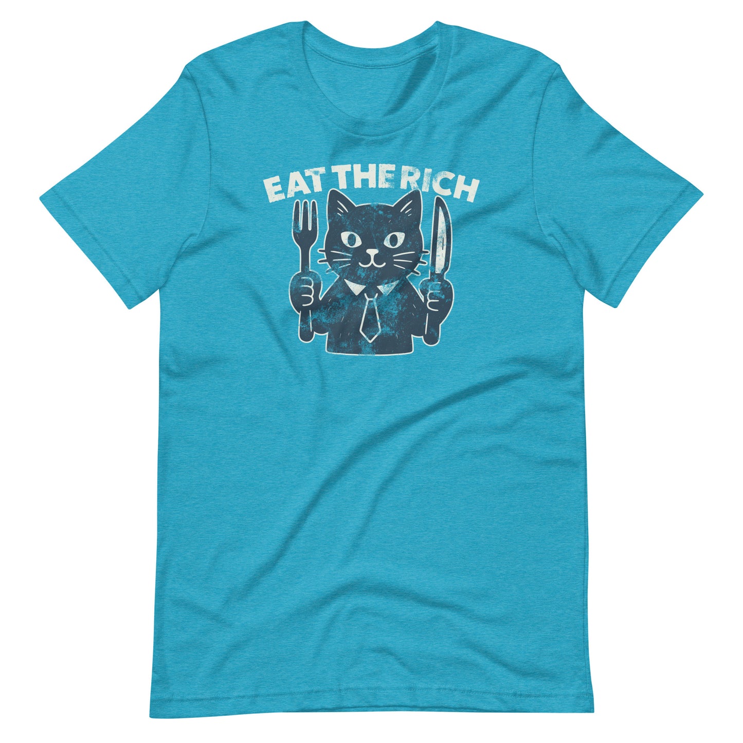 Heather aqua unisex t-shirt featuring a humorous anti-corporate cat graphic holding a fork and knife beneath bold “Eat the Rich” typography.