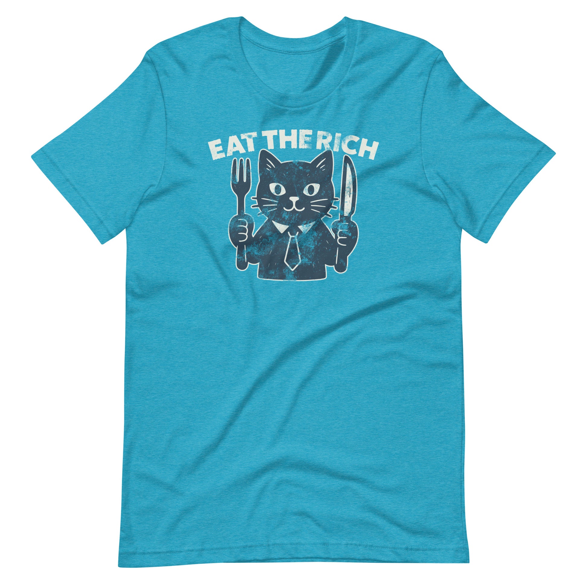 Heather aqua unisex t-shirt featuring a humorous anti-corporate cat graphic holding a fork and knife beneath bold “Eat the Rich” typography.
