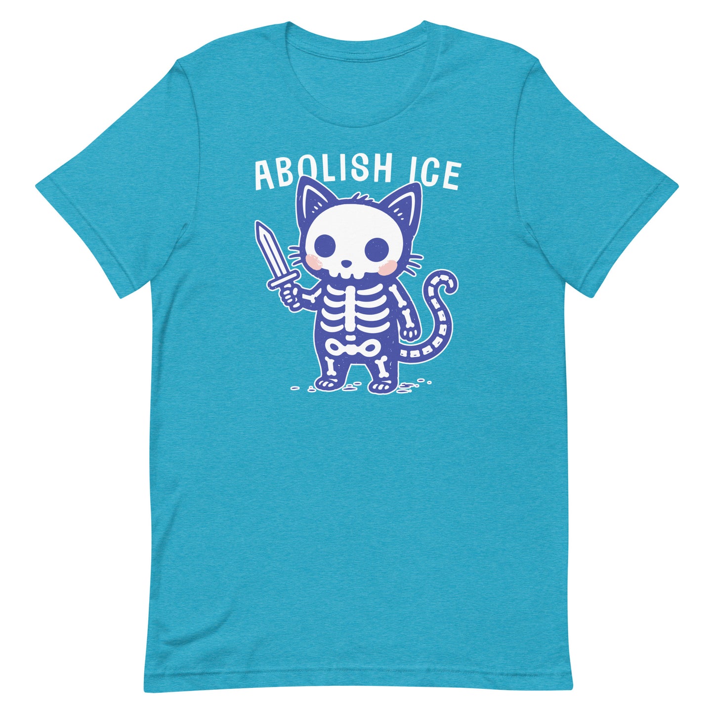 Heather aqua unisex t-shirt showcasing the Abolish ICE skeleton cat artwork, designed for supporters of immigration justice and activist apparel.