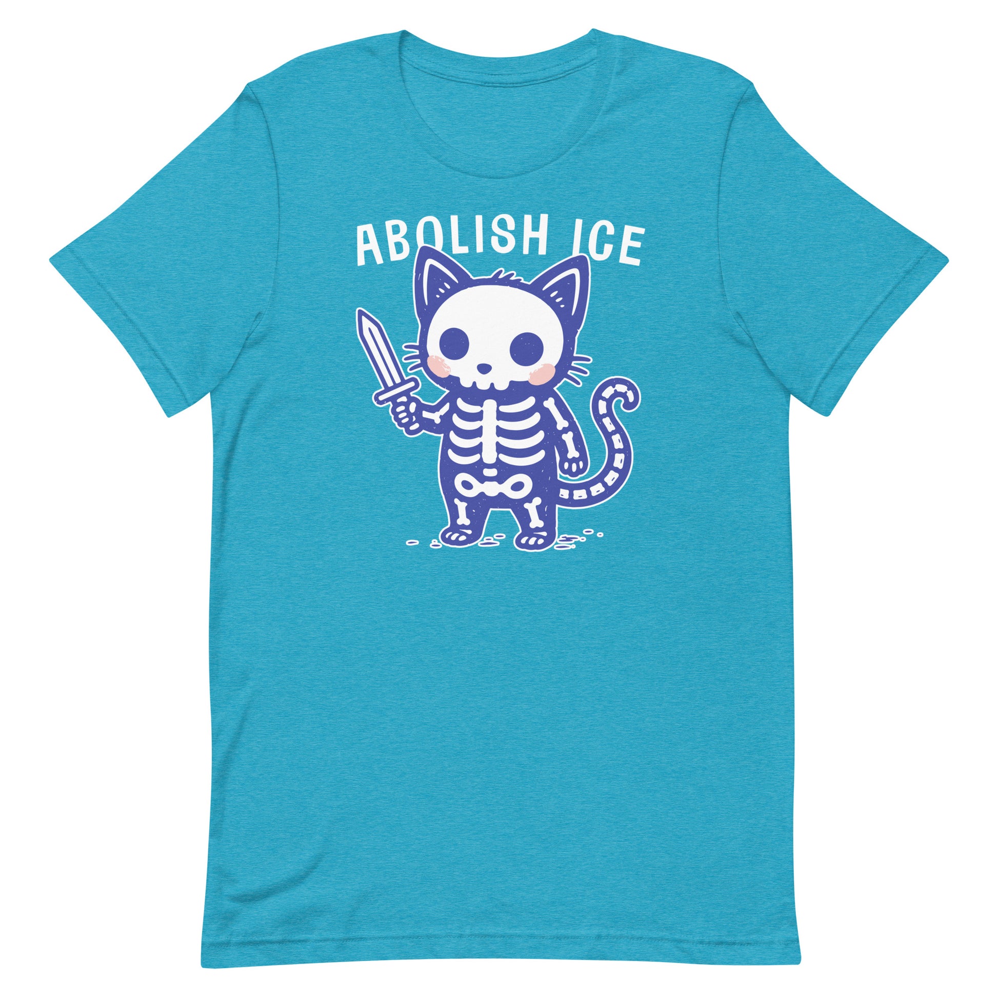 Heather aqua unisex t-shirt showcasing the Abolish ICE skeleton cat artwork, designed for supporters of immigration justice and activist apparel.