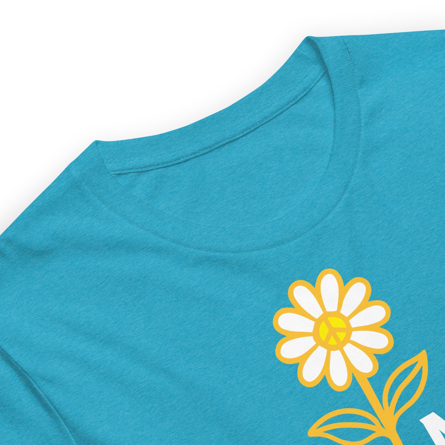 Folded aqua unisex tee with centered daisy rifle illustration and short anti-war phrase across front, justice-focused design.