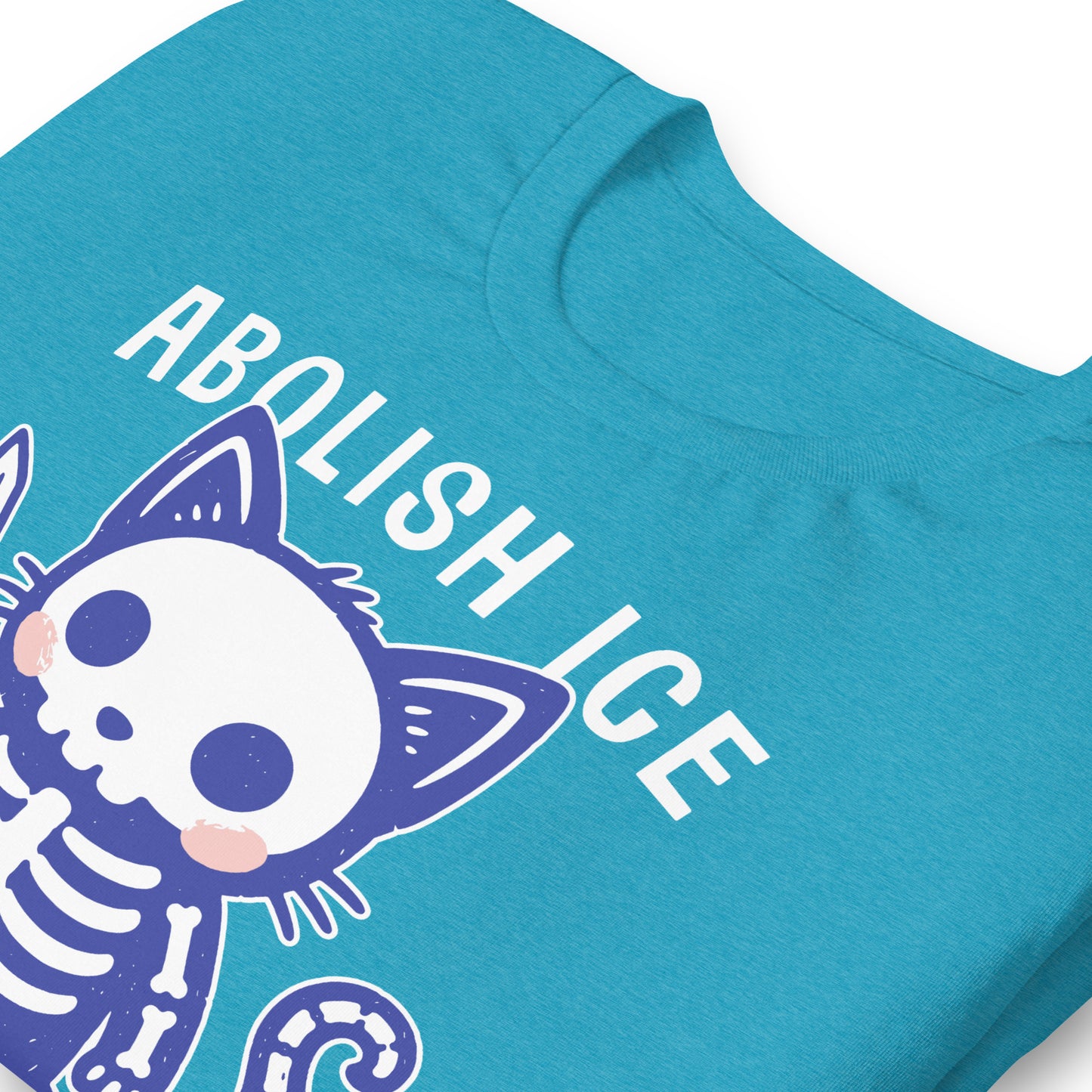 Close-up of the Abolish ICE skeleton cat illustration printed on a heather aqua unisex t-shirt, highlighting the clean lines and vibrant design.