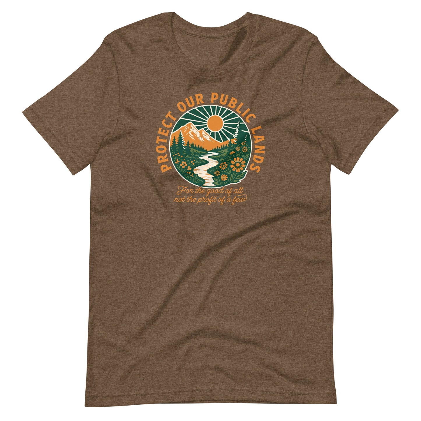 Heather brown unisex t-shirt displaying retro outdoor artwork with forest scenery, wildlife, and “Protect Our Public Lands” conservation message supporting public land protection.