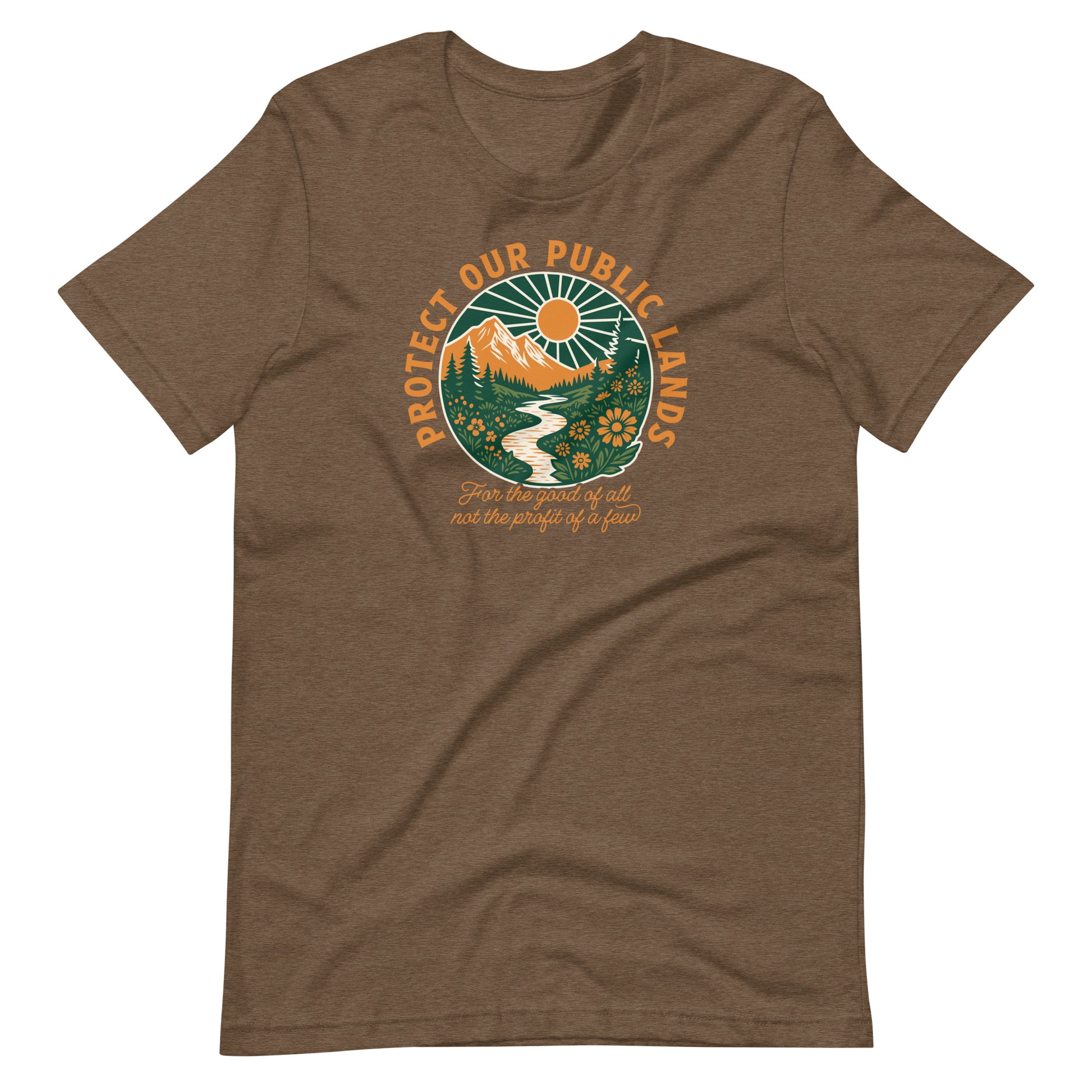 Heather brown unisex t-shirt displaying retro outdoor artwork with forest scenery, wildlife, and “Protect Our Public Lands” conservation message supporting public land protection.