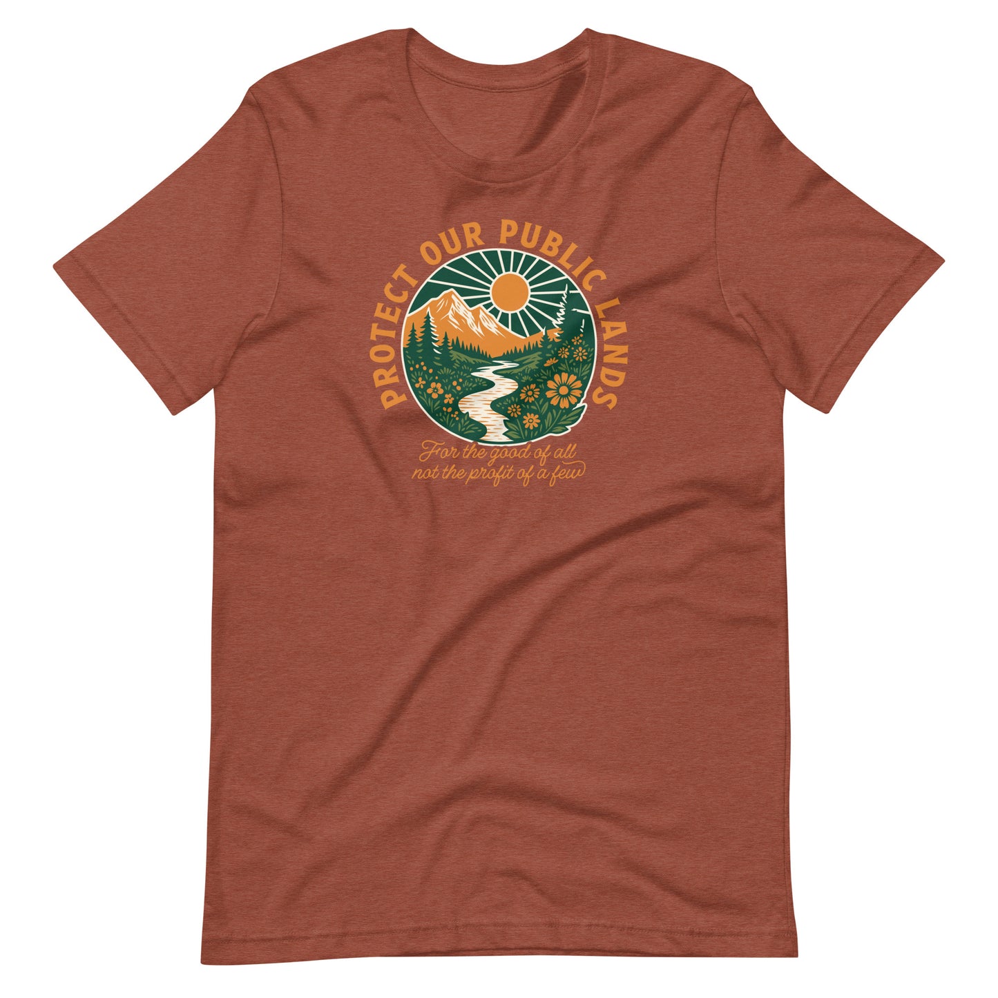 Heather clay unisex t-shirt showcasing vintage national park-inspired artwork and “Protect Our Public Lands” message promoting conservation and environmental stewardship.