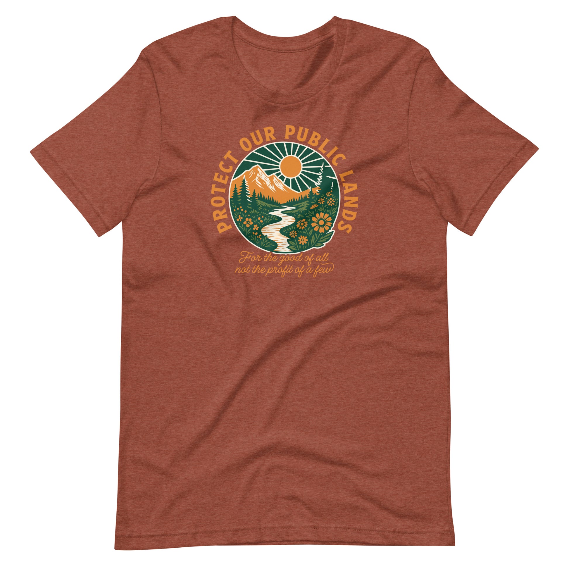 Heather clay unisex t-shirt showcasing vintage national park-inspired artwork and “Protect Our Public Lands” message promoting conservation and environmental stewardship.
