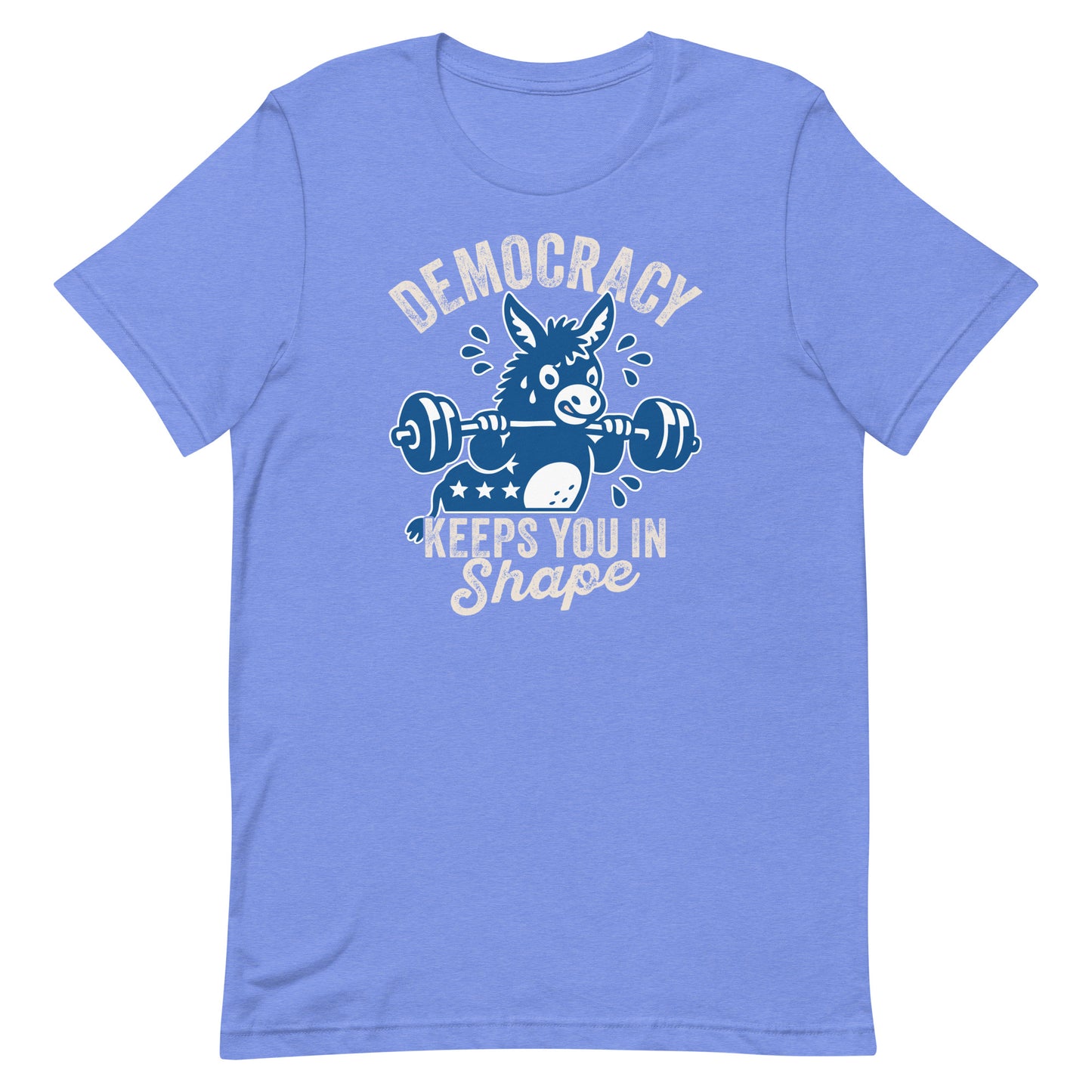 Heather light blue unisex T-shirt featuring a donkey lifting weights under democracy text, fitness-inspired political humor artwork for Blue Wave USA.