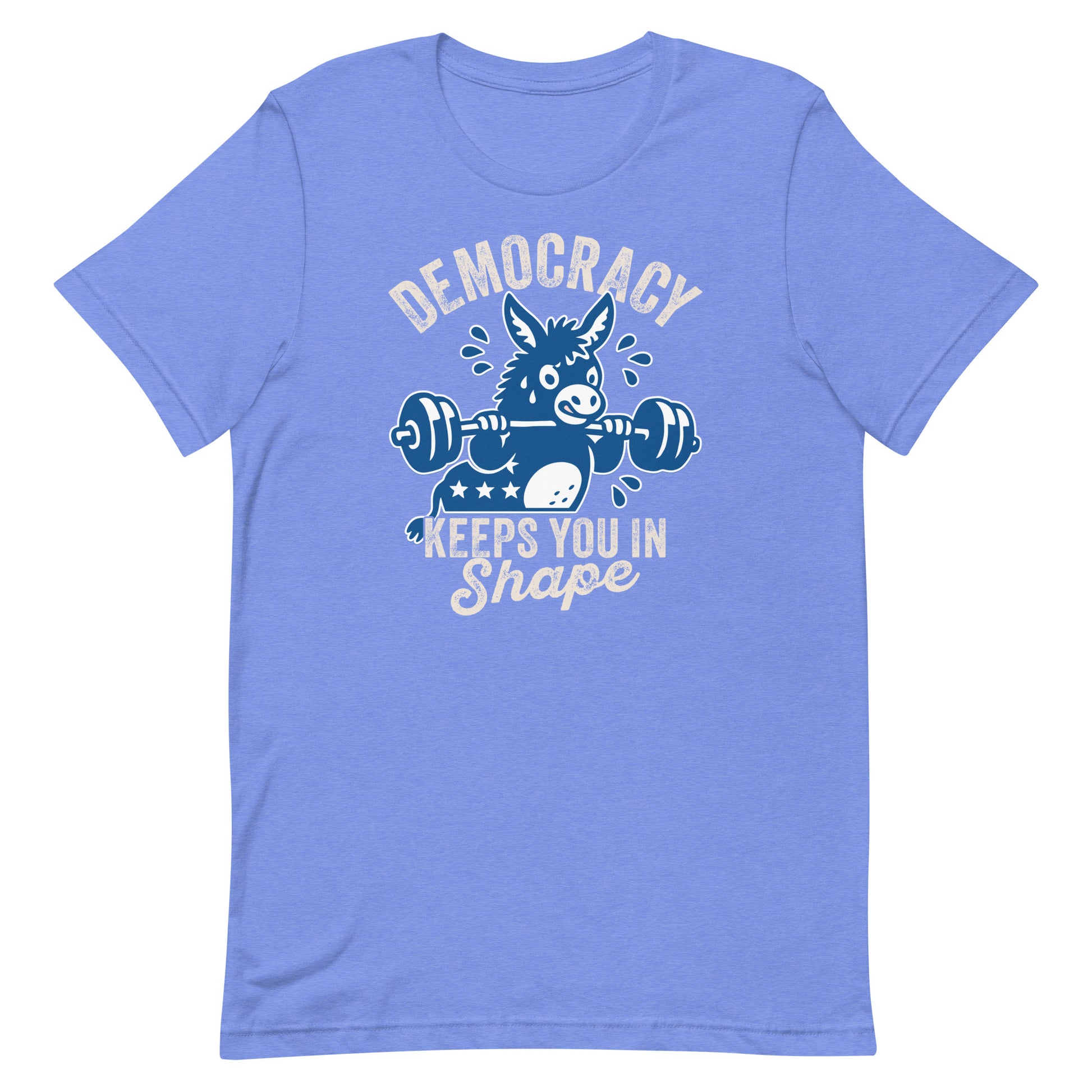 Heather light blue unisex T-shirt featuring a donkey lifting weights under democracy text, fitness-inspired political humor artwork for Blue Wave USA.