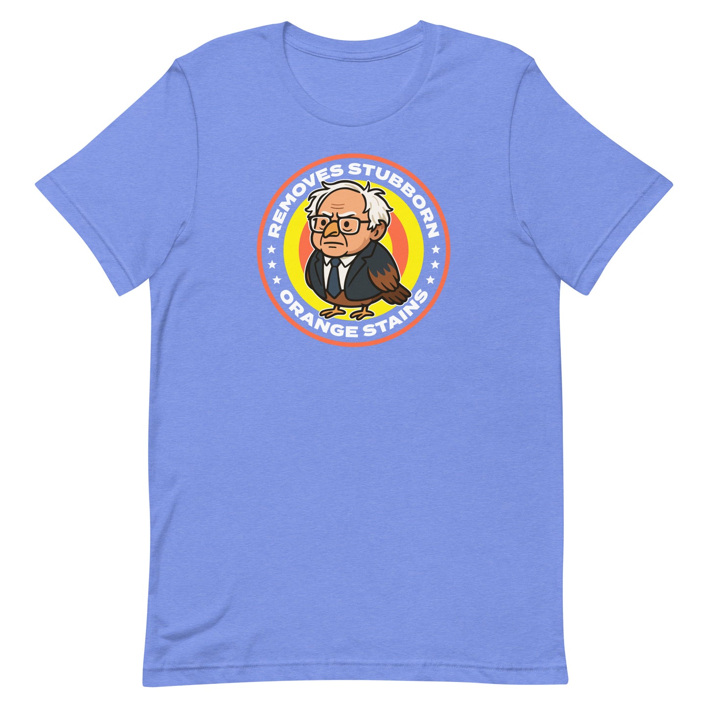 Heather columbia blue unisex T-shirt with circular Birdie Sanders parody logo and stubborn orange stains wording in satirical civic humor style.