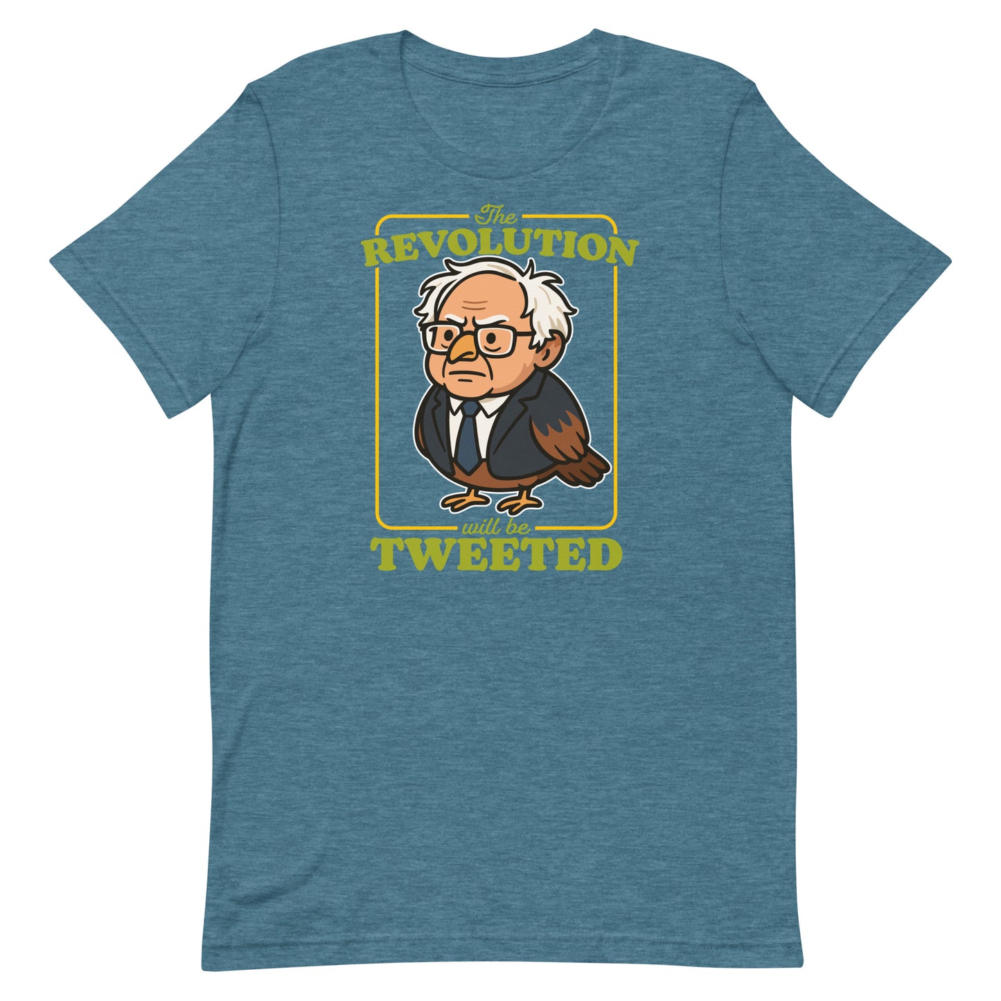Blue heather unisex T-shirt with Birdie Sanders portrait and “The Revolution Will Be Tweeted” phrase, retro civic humor apparel.