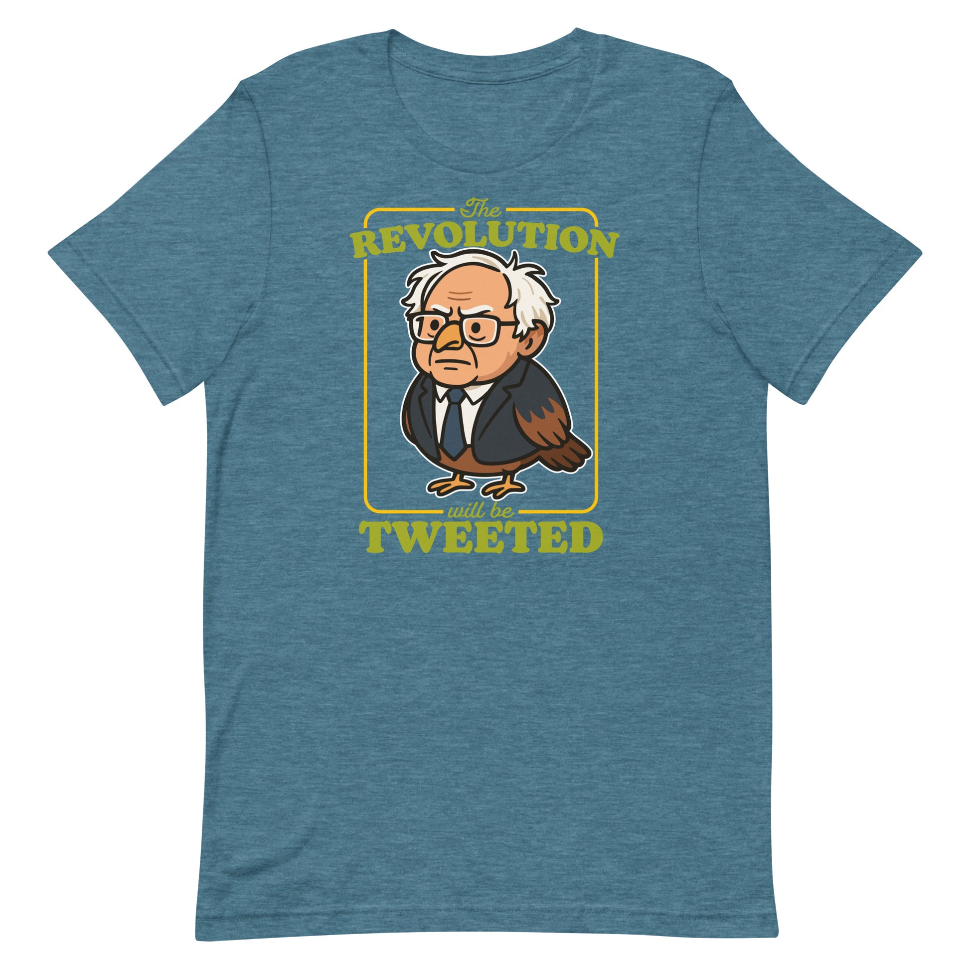 Blue heather unisex T-shirt with Birdie Sanders portrait and “The Revolution Will Be Tweeted” phrase, retro civic humor apparel.