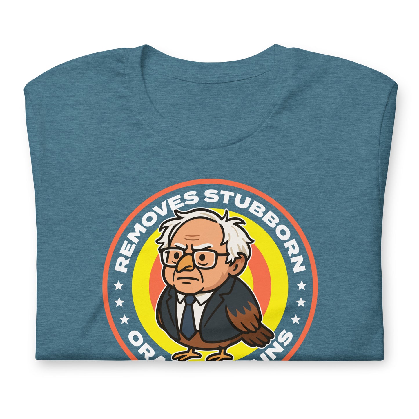 Folded blue heather unisex tee displaying circular Birdie Sanders parody logo with detergent-style “orange stains” wording in satirical activist design.