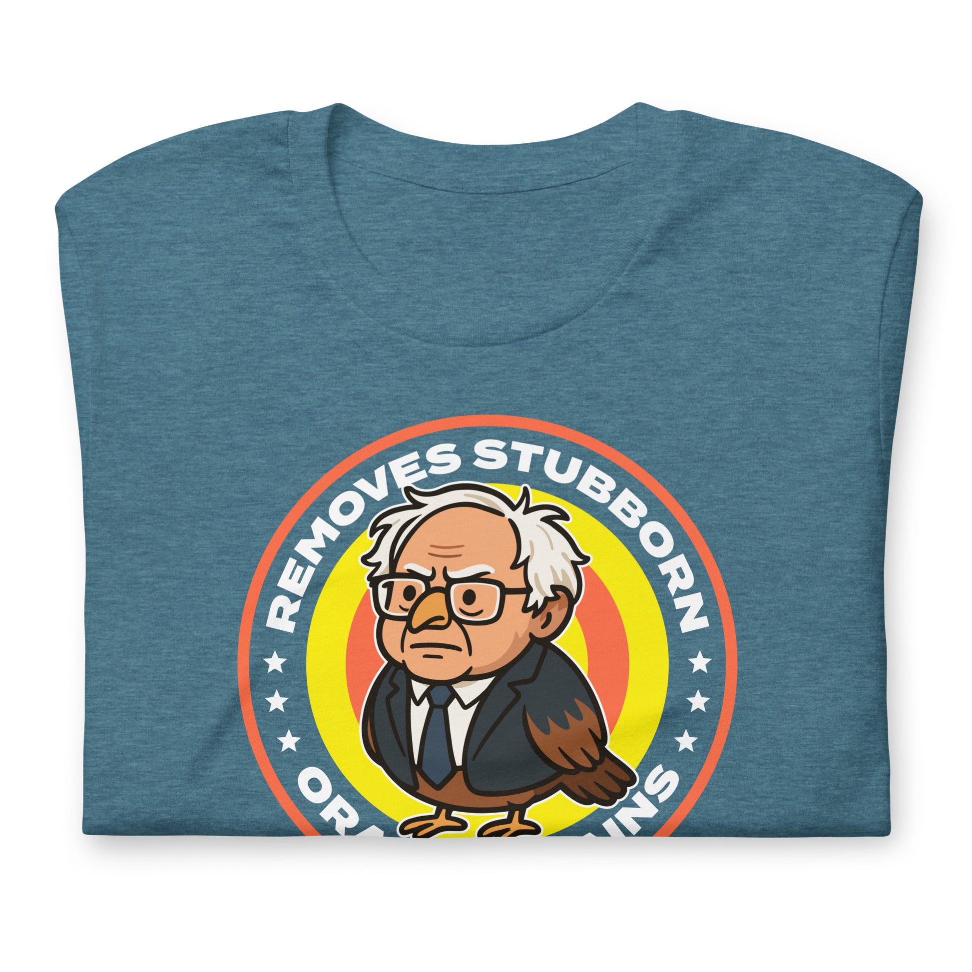 Folded blue heather unisex tee displaying circular Birdie Sanders parody logo with detergent-style “orange stains” wording in satirical activist design.