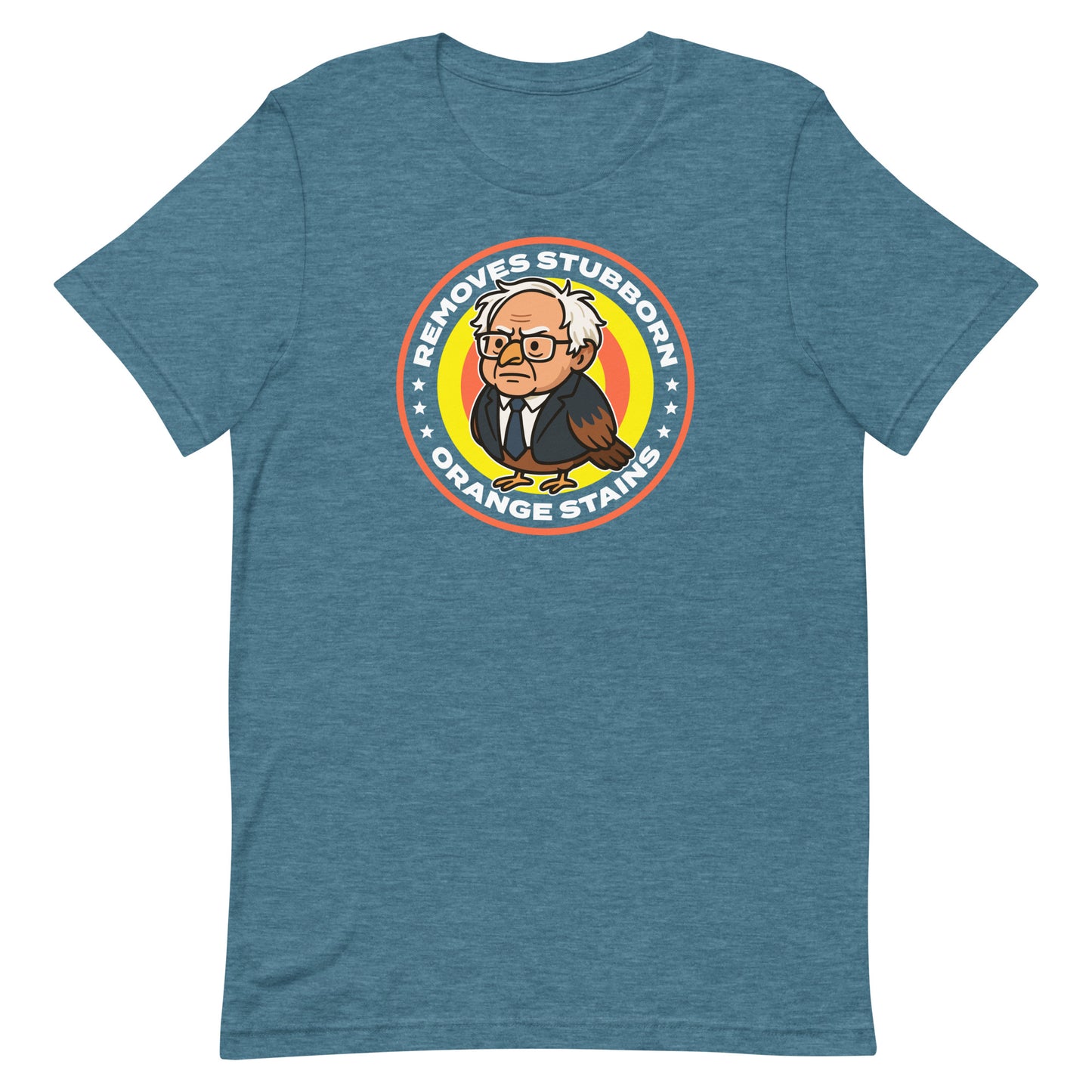 Blue heather unisex tee with circular Birdie Sanders detergent logo and “Removes Stubborn Orange Stains” phrase, progressive humor apparel.