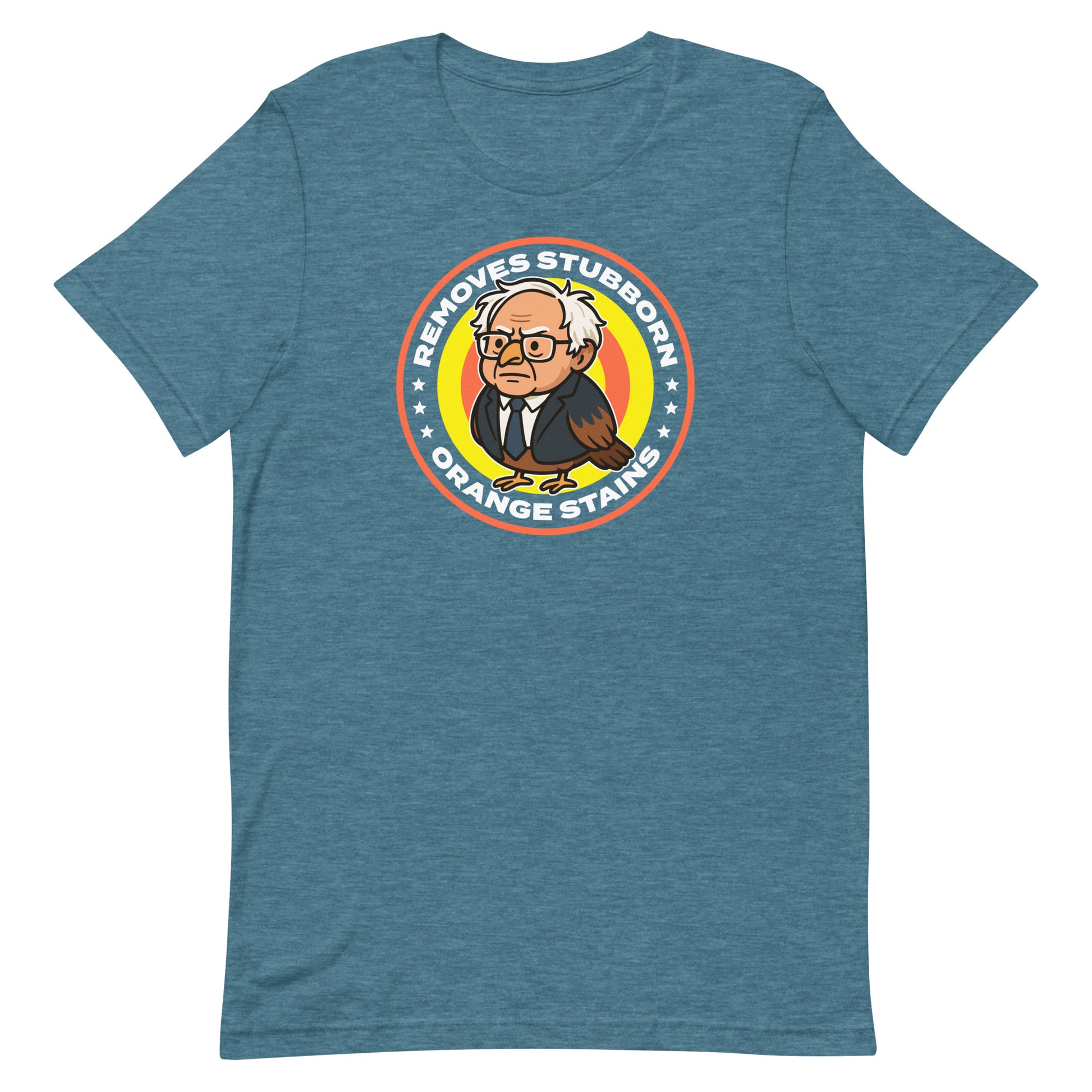 Blue heather unisex tee with circular Birdie Sanders detergent logo and “Removes Stubborn Orange Stains” phrase, progressive humor apparel.