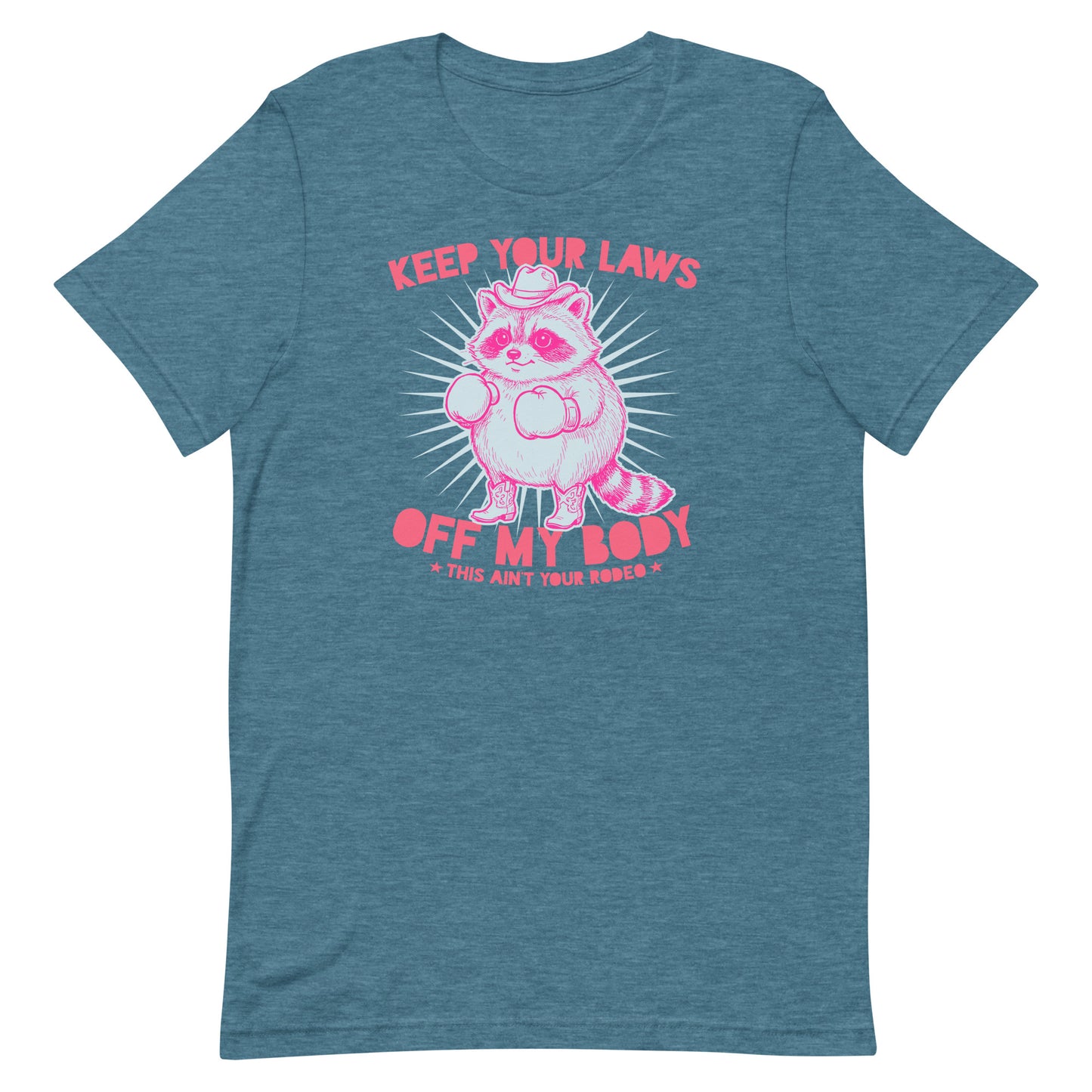 Blue heather unisex T-shirt with pink raccoon illustration and western protest slogan, playful reproductive rights activist apparel.