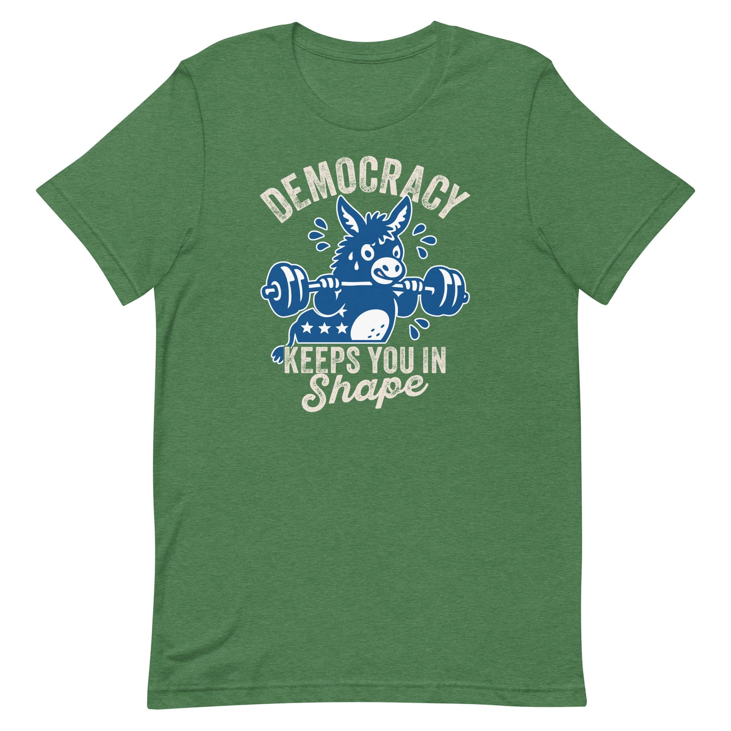 Heather green unisex political T-shirt with donkey barbell graphic and democracy workout phrase, casual progressive apparel with playful gym-themed artwork.
