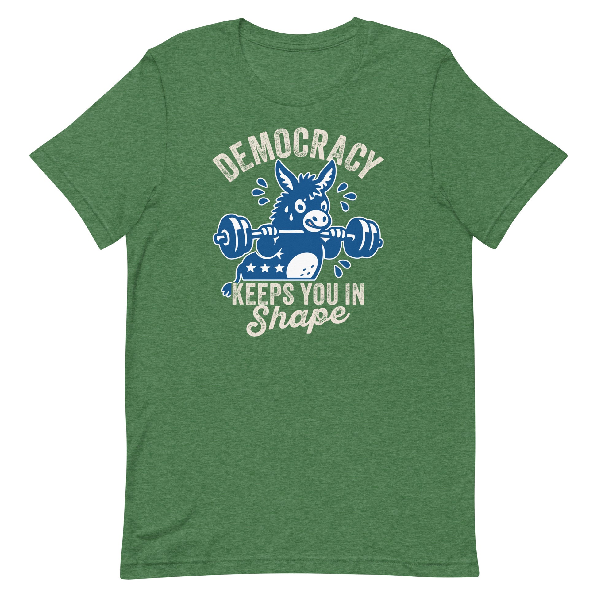 Heather green unisex political T-shirt with donkey barbell graphic and democracy workout phrase, casual progressive apparel with playful gym-themed artwork.
